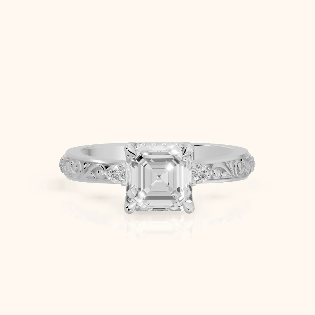 Siesta Three-Stone Engraved Asscher Diamond Engagement Ring in Silver — view 2
