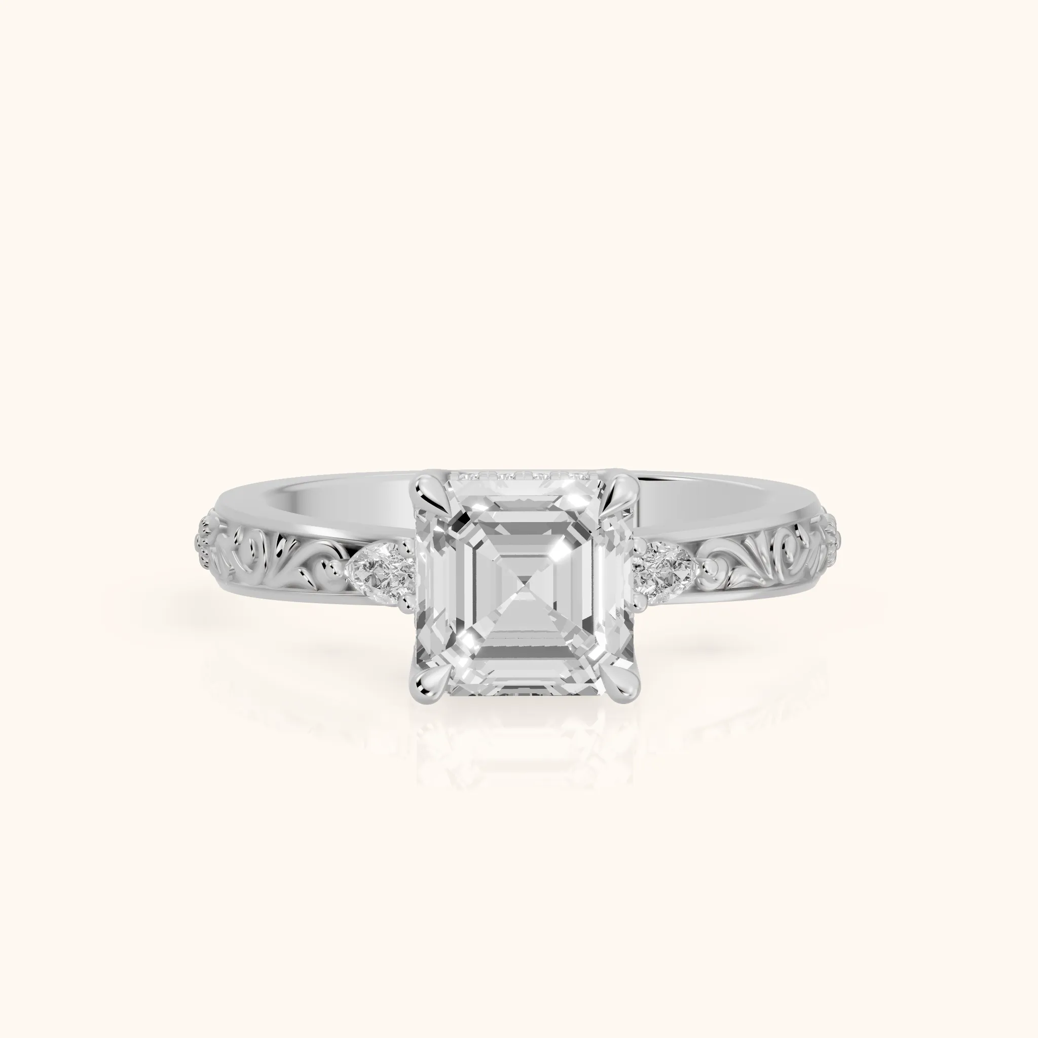 Siesta Three-Stone Engraved Asscher Diamond Engagement Ring in Silver — view 1