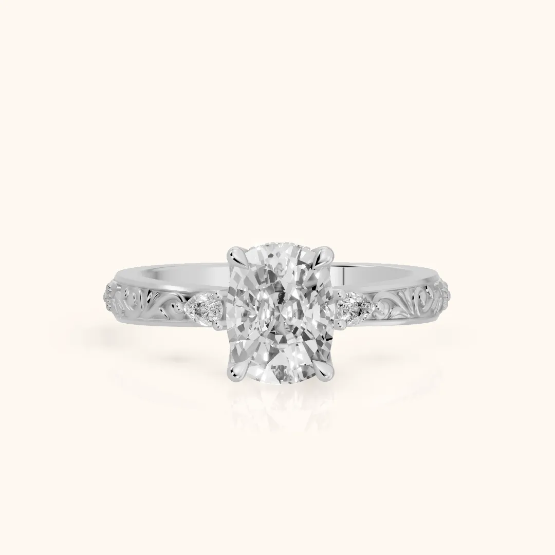 Siesta Three-Stone Engraved Cushion Diamond Engagement Ring in Silver — view 2