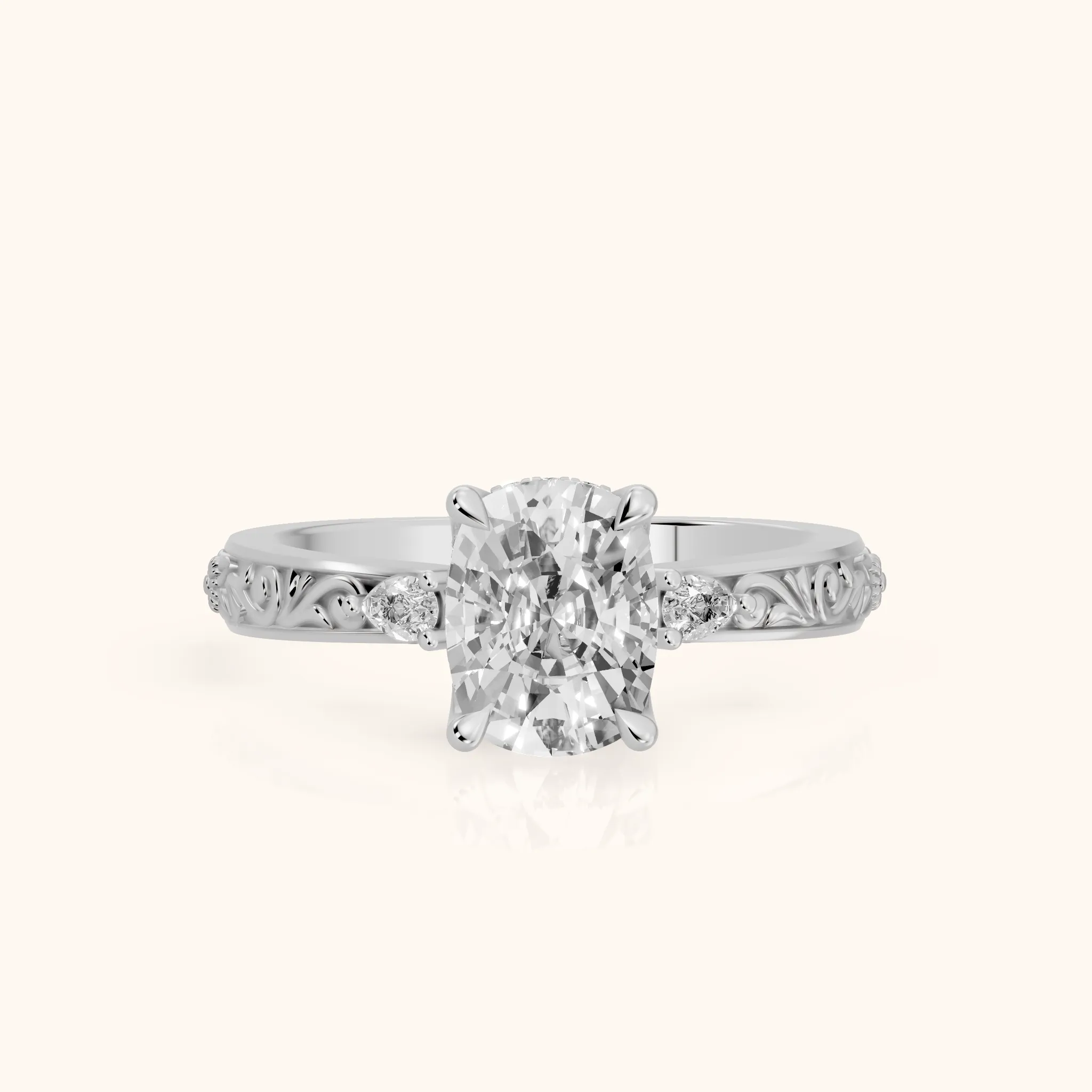 Siesta Three-Stone Engraved Cushion Diamond Engagement Ring in Silver — view 1