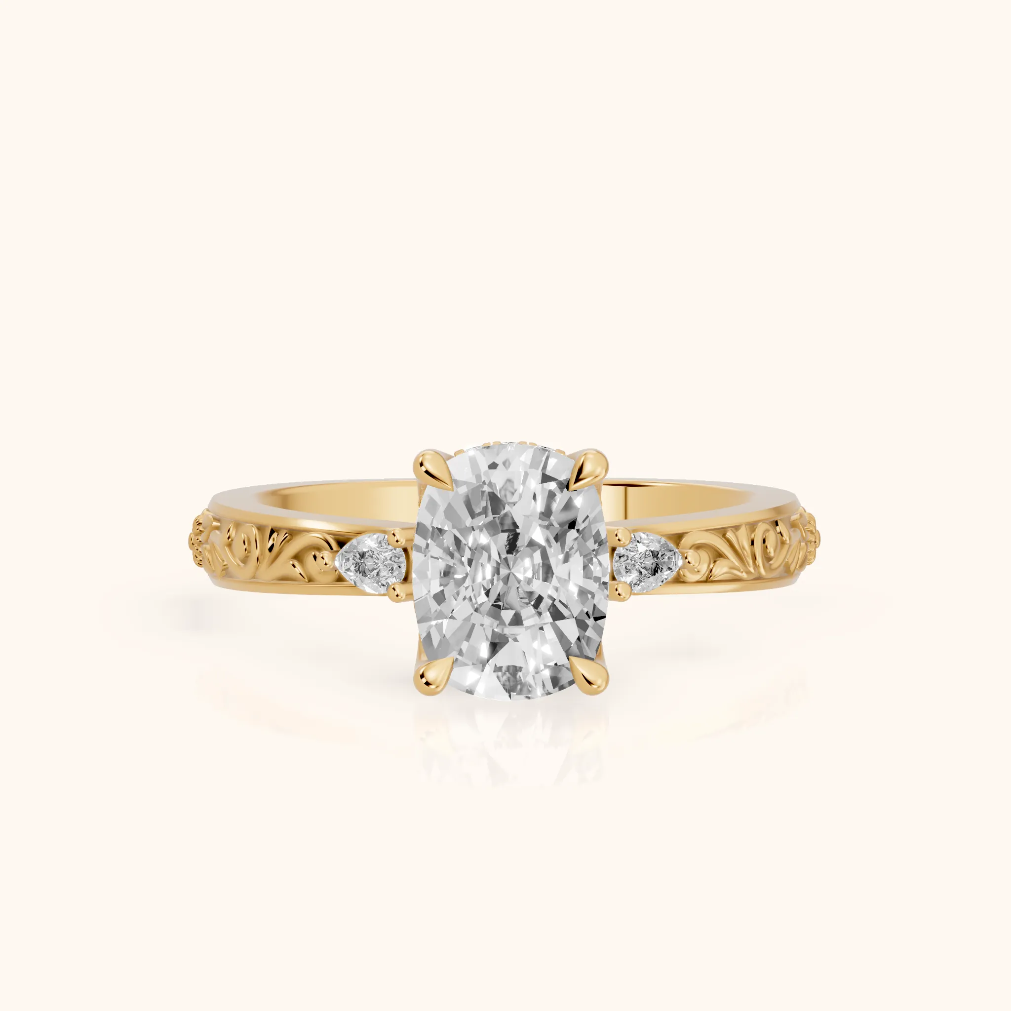 Siesta Three-Stone Engraved Cushion Diamond Engagement Ring in Yellow Gold — view 1