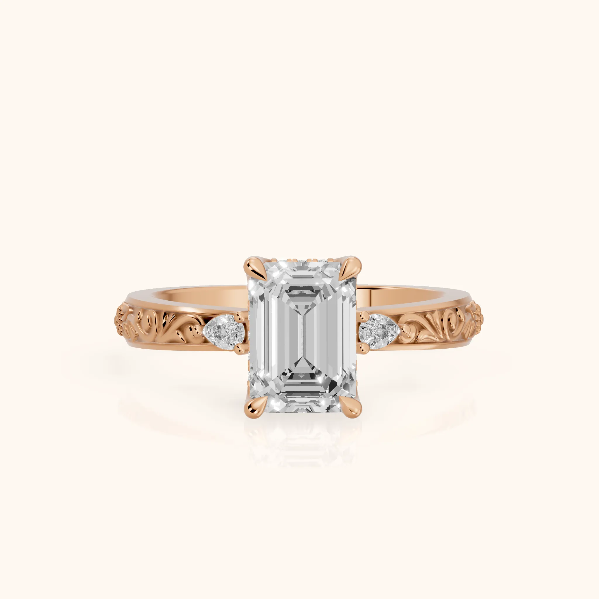 Siesta Three-Stone Engraved Emerald Diamond Engagement Ring in Rose Gold — view 1