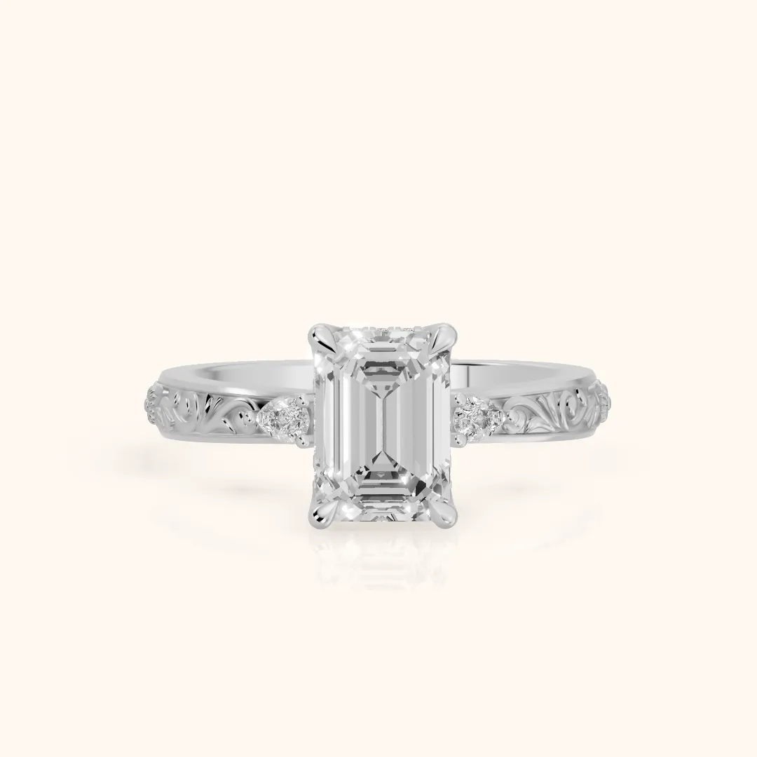 Siesta Three-Stone Engraved Emerald Diamond Engagement Ring in Silver — view 2