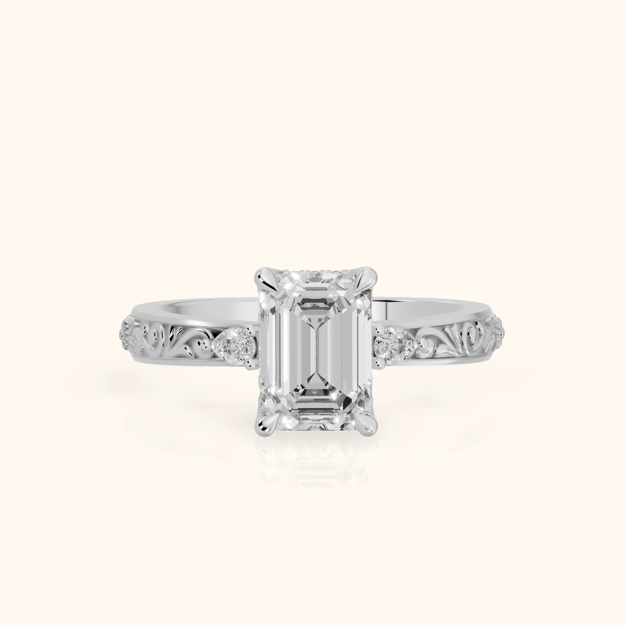 Siesta Three-Stone Engraved Emerald Diamond Engagement Ring in Silver — view 1