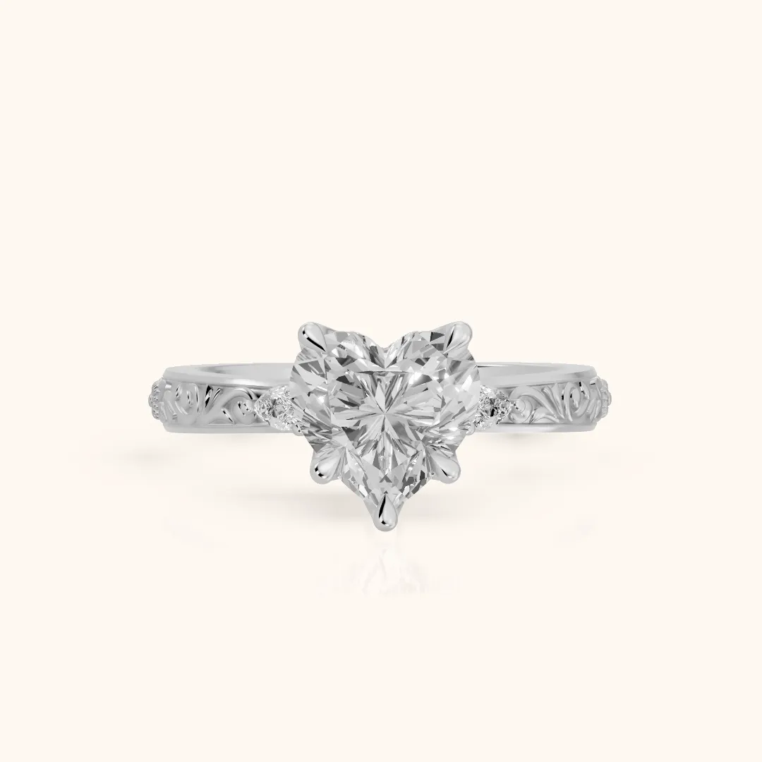 Siesta Three-Stone Engraved Heart Diamond Engagement Ring in Silver — view 2