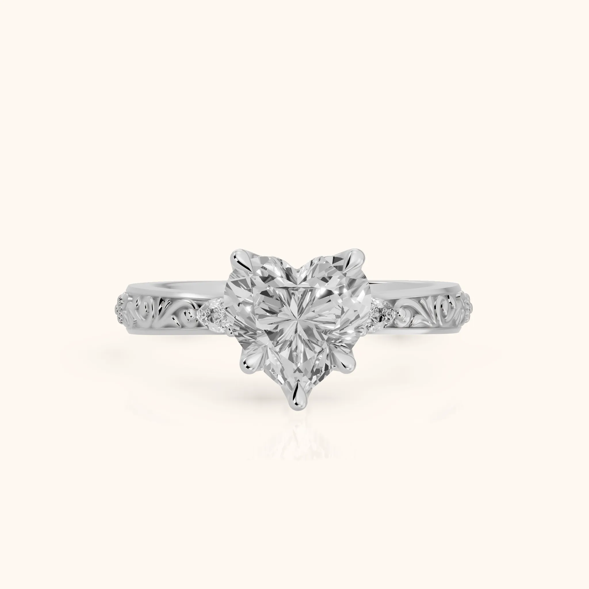 Siesta Three-Stone Engraved Heart Diamond Engagement Ring in Silver — view 1