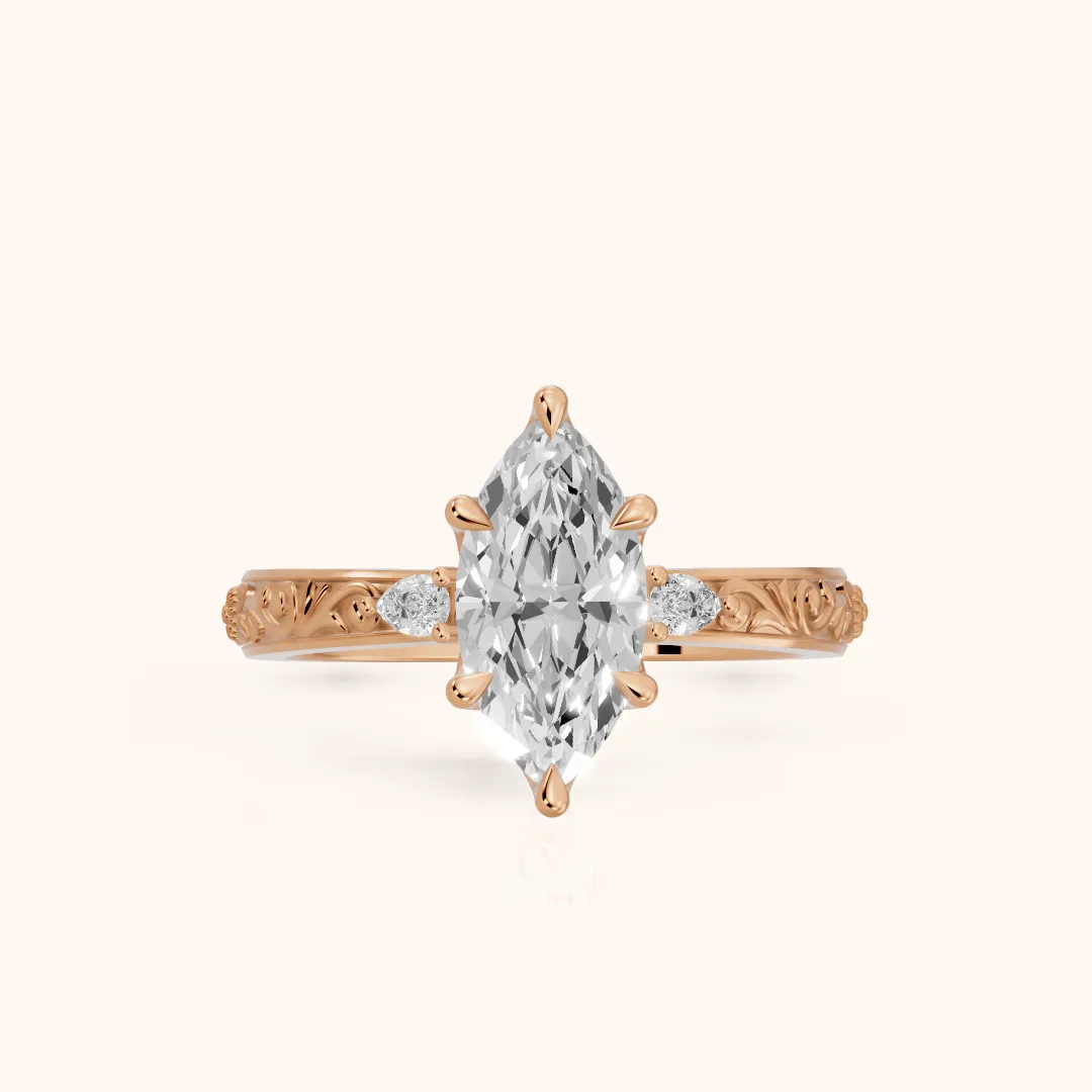 Siesta Three-Stone Engraved Marquise Diamond Engagement Ring in Rose Gold — view 2