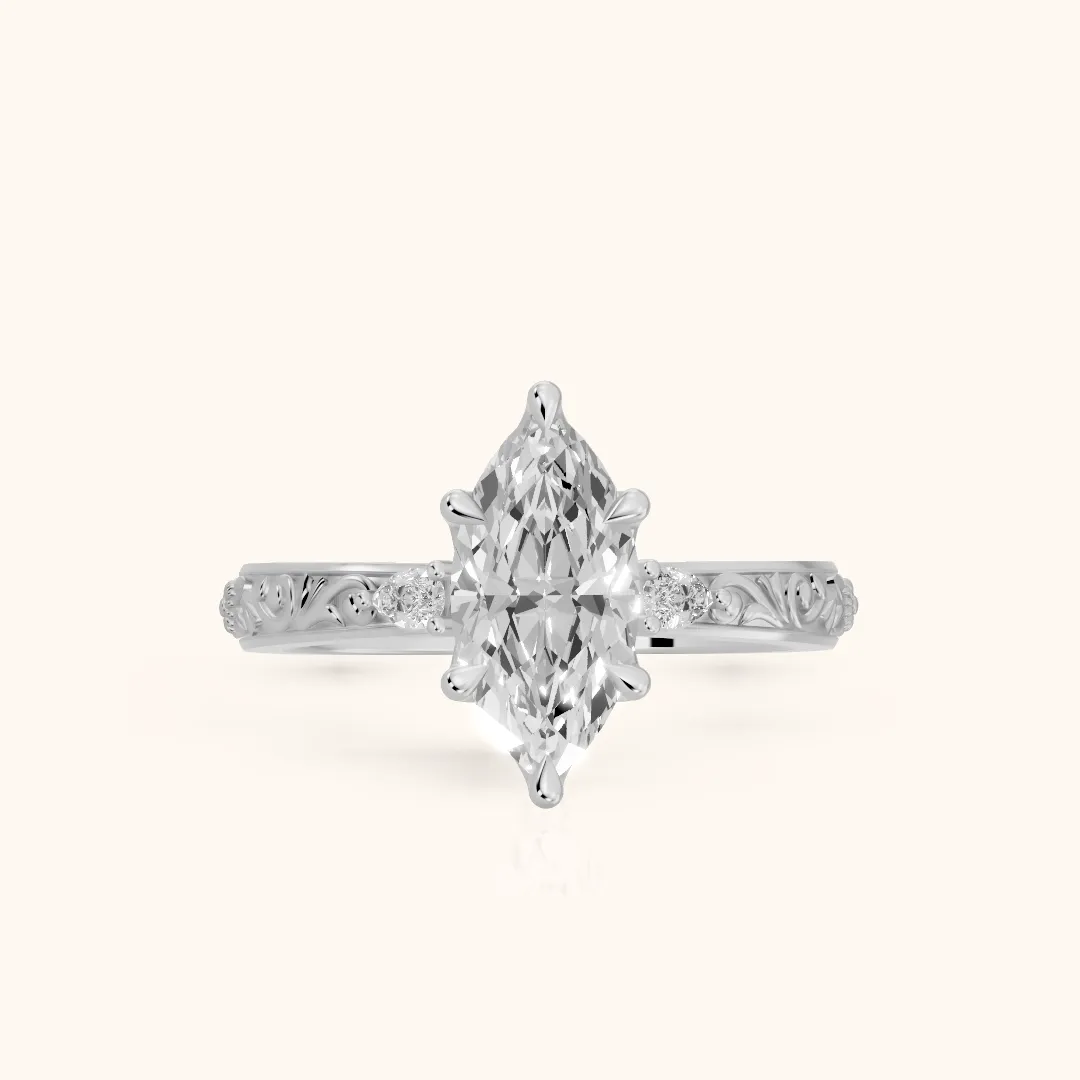 Siesta Three-Stone Engraved Marquise Diamond Engagement Ring in Silver — view 2