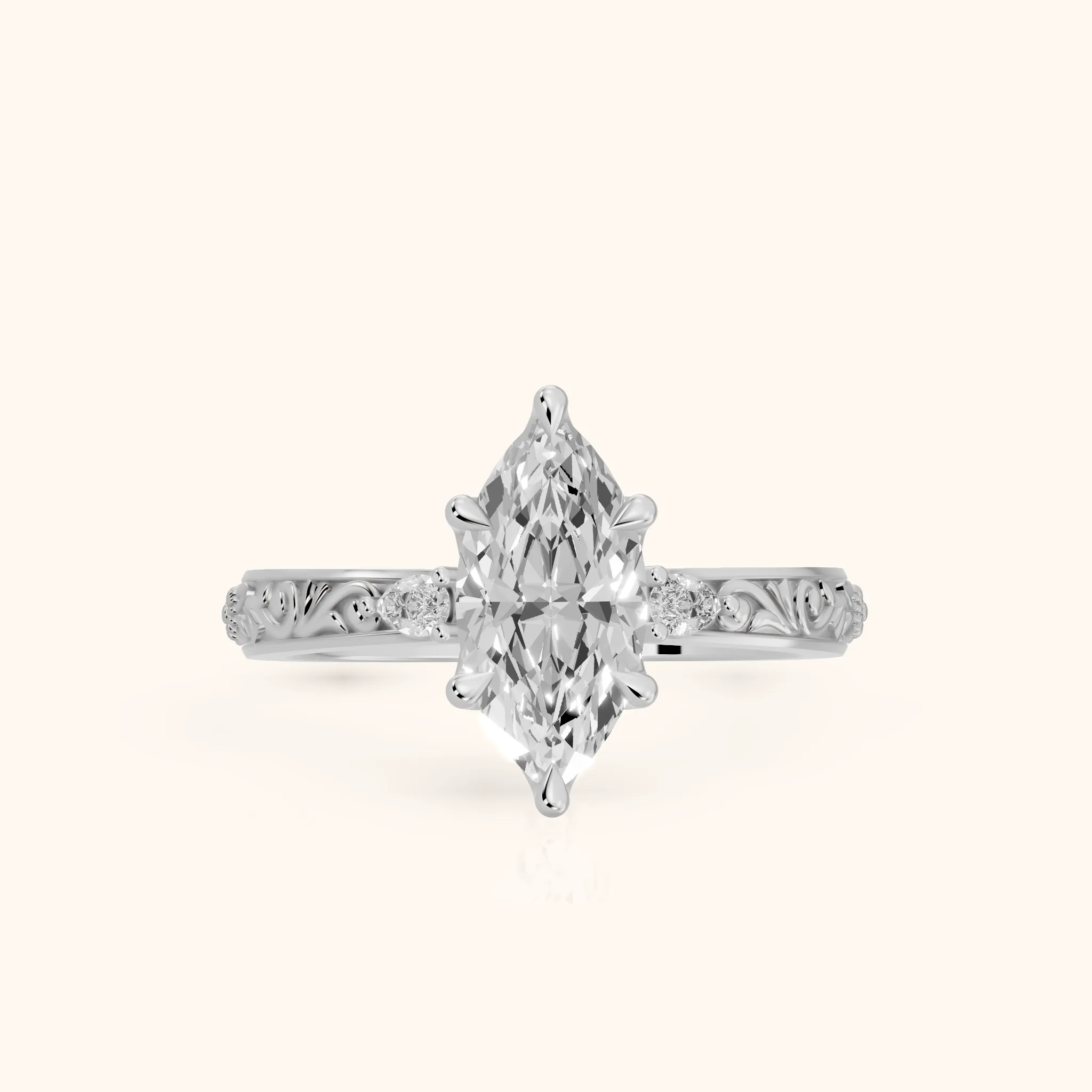 Siesta Three-Stone Engraved Marquise Diamond Engagement Ring in Silver — view 1