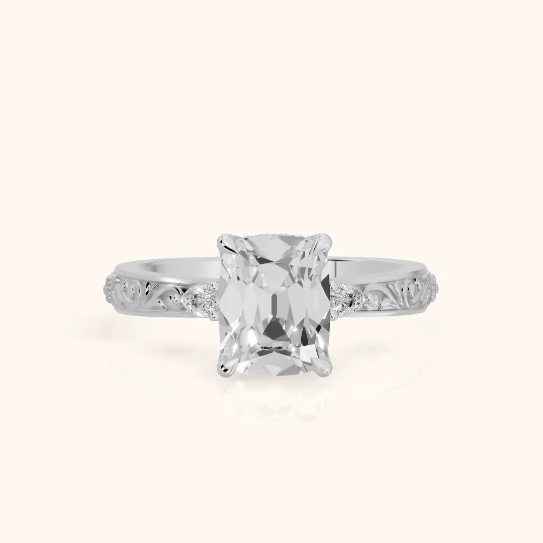 Siesta Three-Stone Engraved Old Mine Cushion Diamond Engagement Ring in Silver — view 2