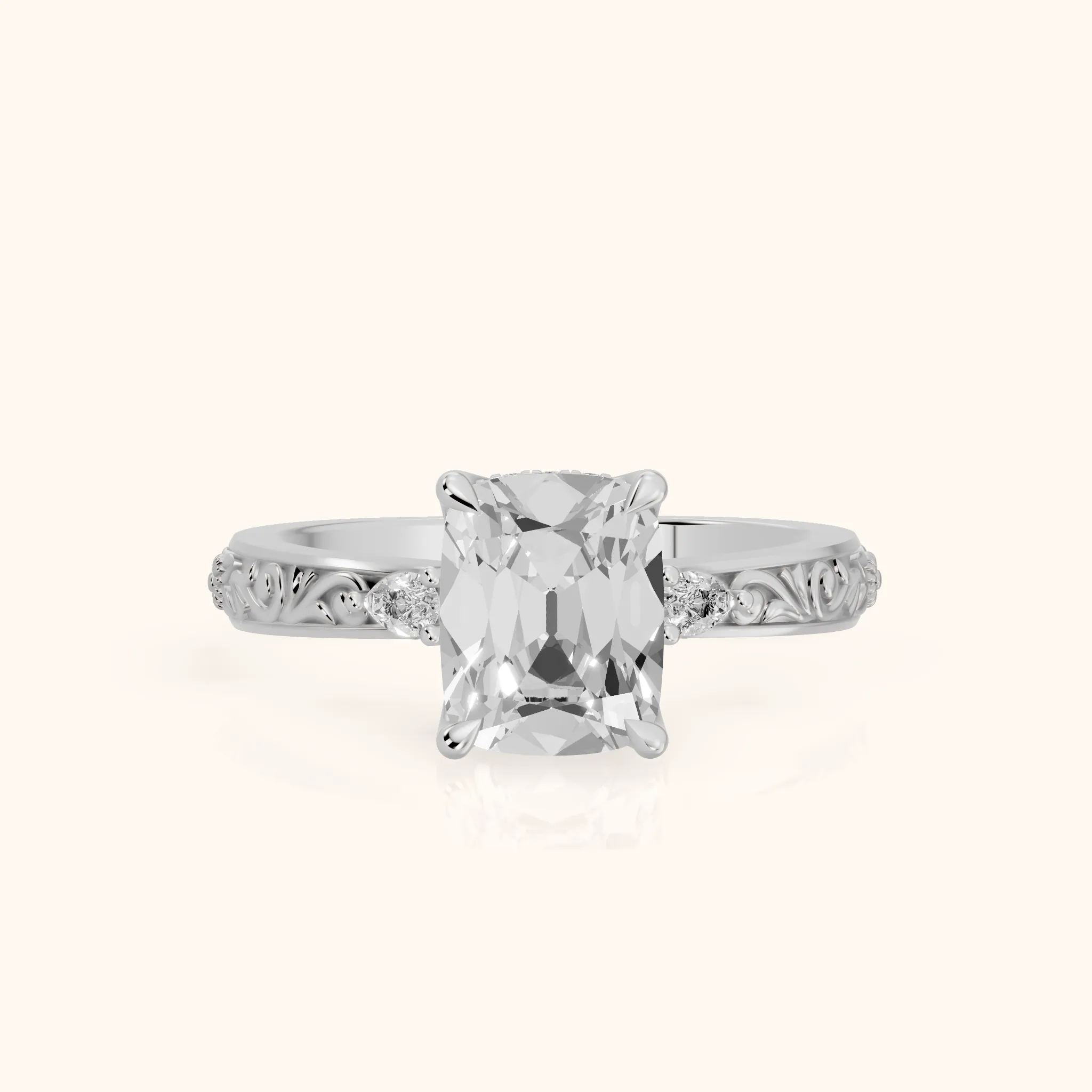 Siesta Three-Stone Engraved Old Mine Cushion Diamond Engagement Ring in Silver — view 1