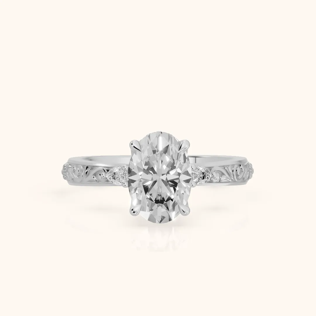 Siesta Three-Stone Engraved Oval Diamond Engagement Ring in Silver — view 2
