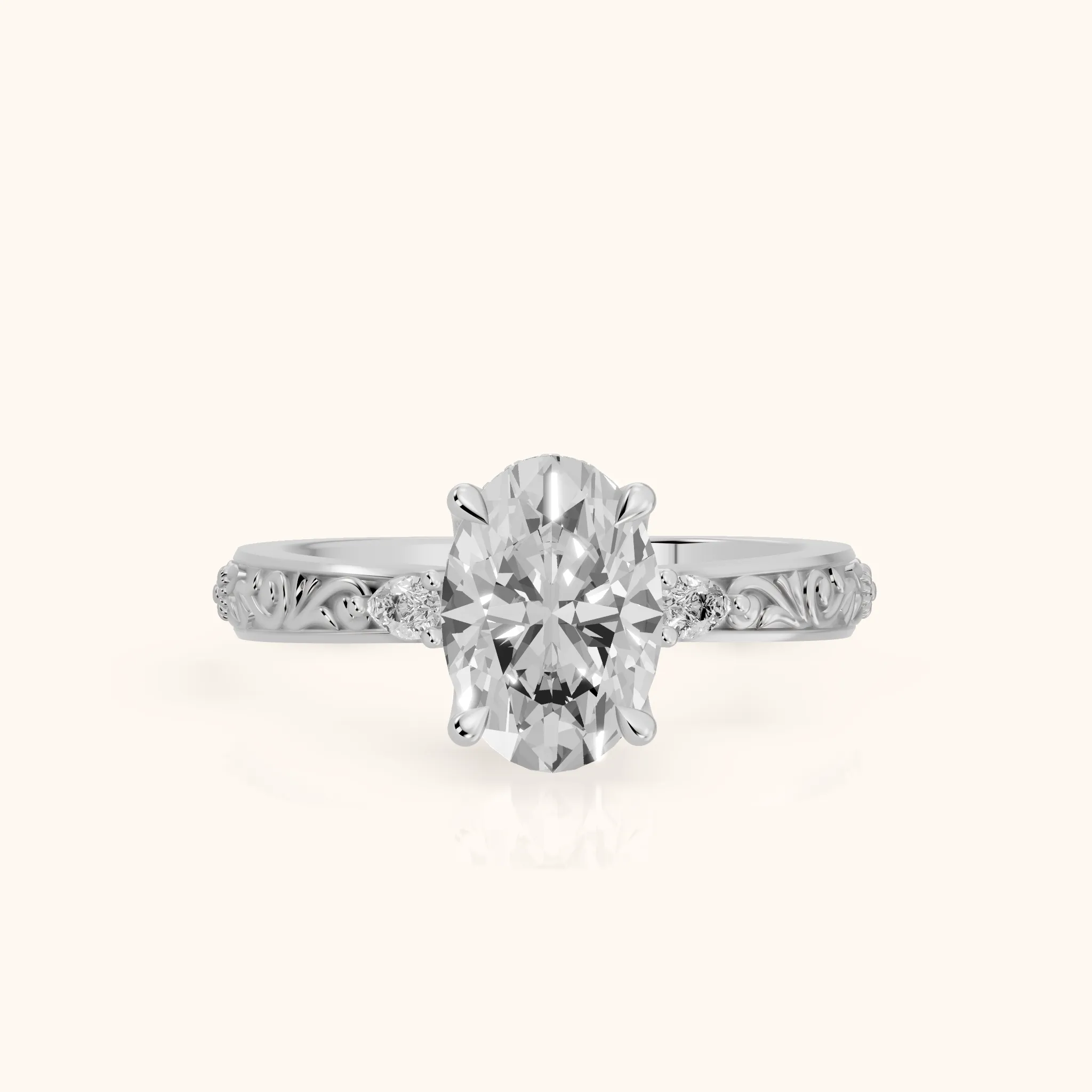 Siesta Three-Stone Engraved Oval Diamond Engagement Ring in Silver — view 1