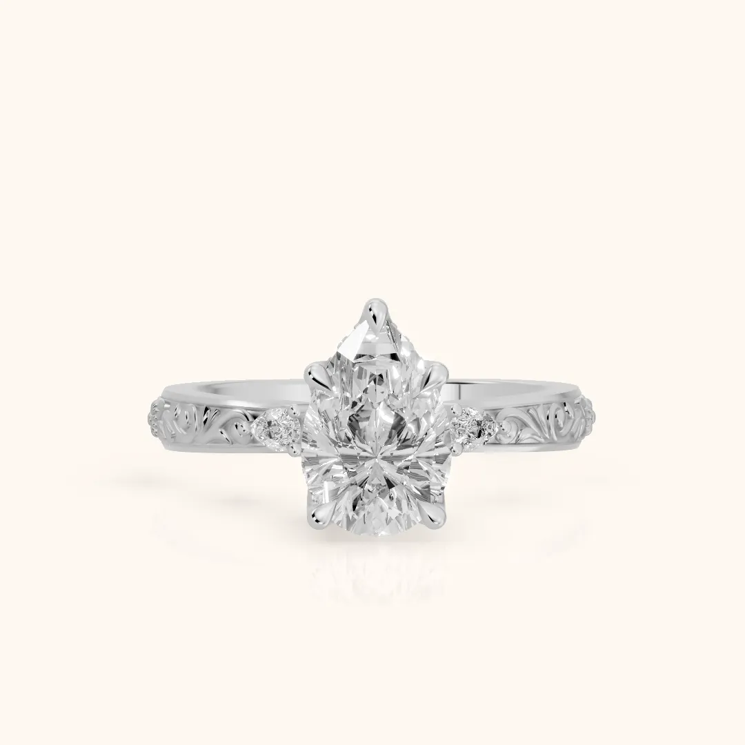 Siesta Three-Stone Engraved Pear Diamond Engagement Ring in Platinum — view 2