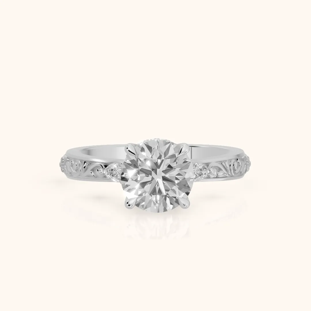 Siesta Three-Stone Engraved Round Diamond Engagement Ring in White Gold — view 2