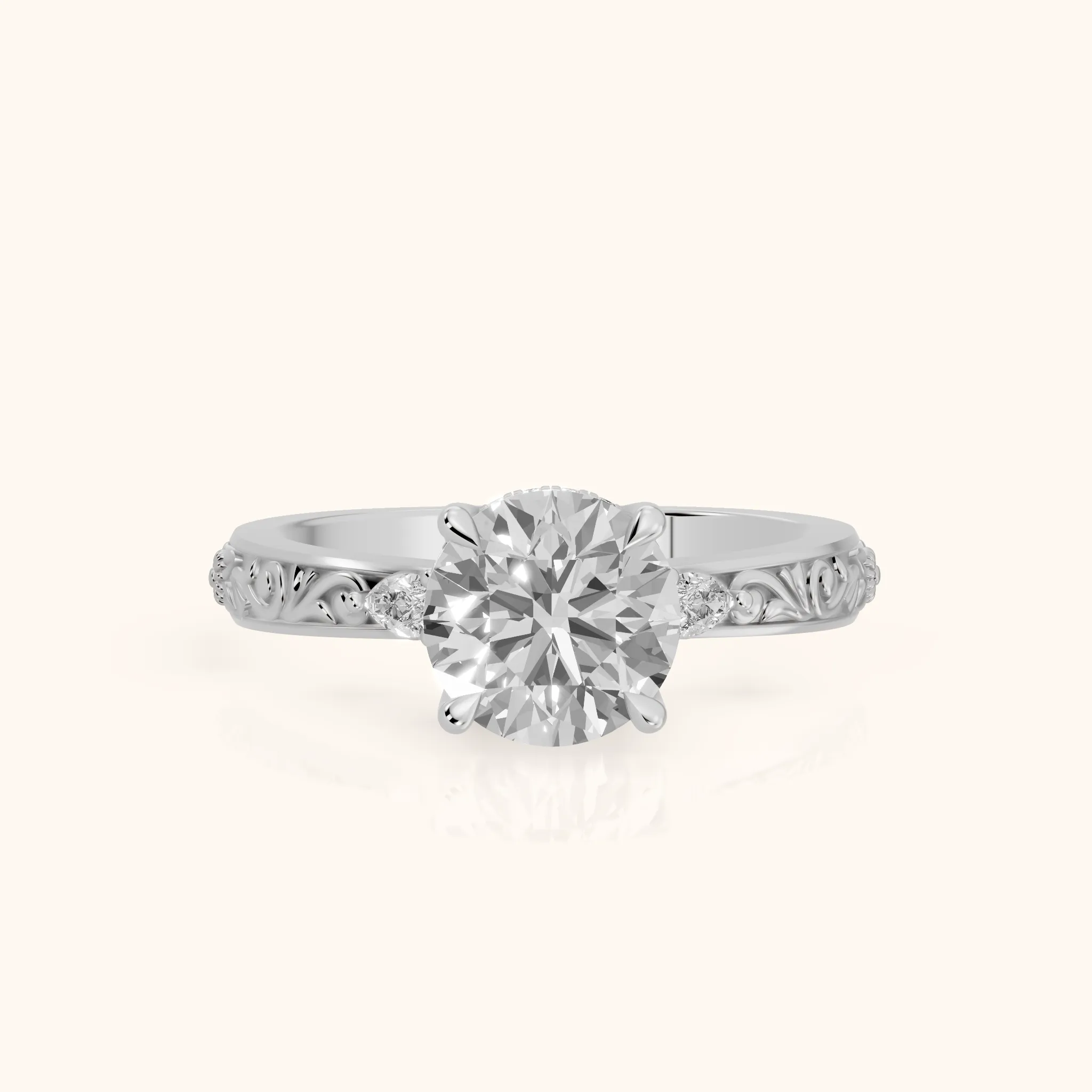 Siesta Three-Stone Engraved Round Diamond Engagement Ring in White Gold — view 1