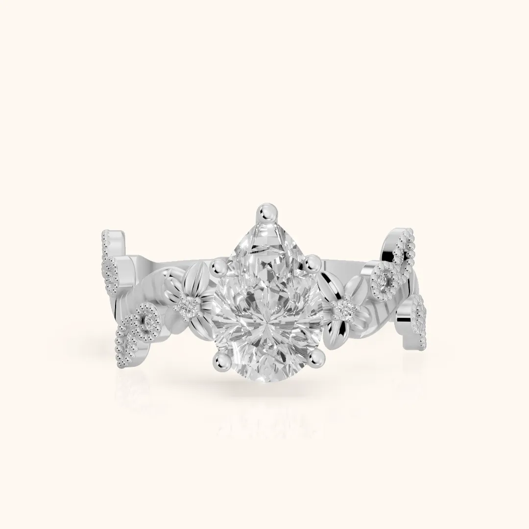 Kiawah Floral Vine Pear Diamond Engagement Ring in White Gold — view 2