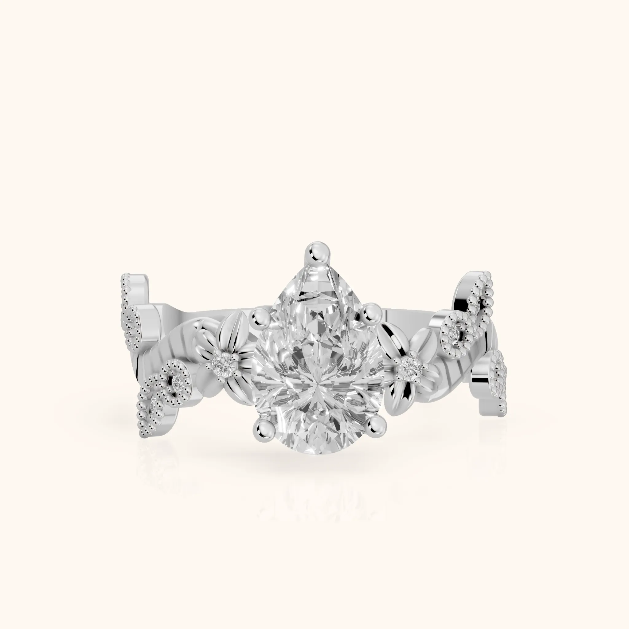 Kiawah Floral Vine Pear Diamond Engagement Ring in White Gold — view 1