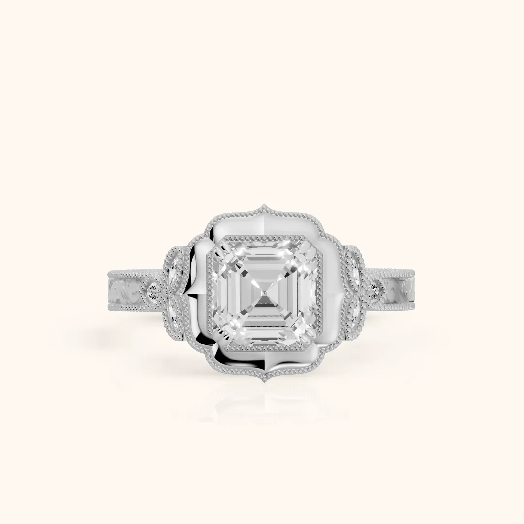 Shasta Vintage Scalloped Asscher Diamond Engagement Ring in White Gold — view 2
