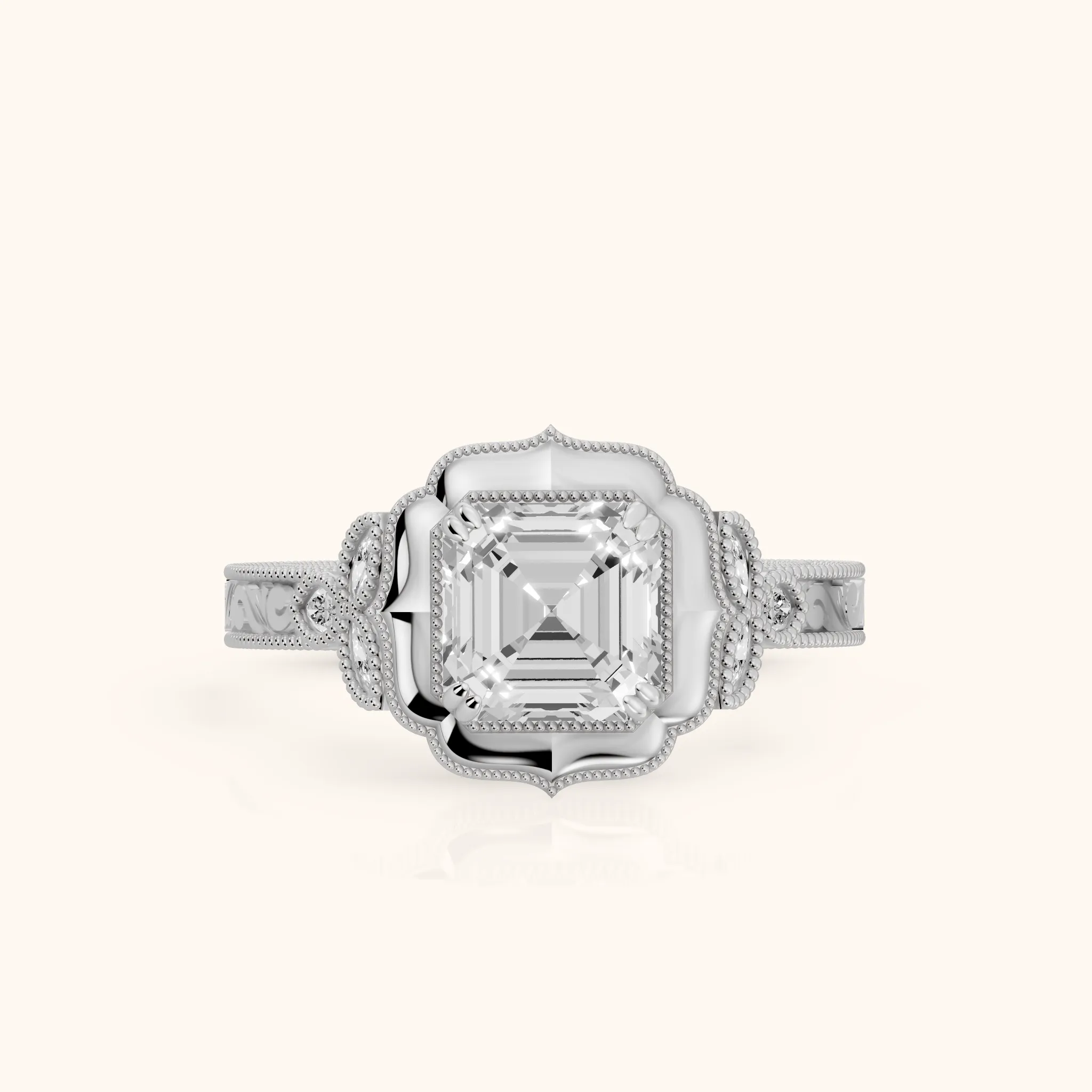 Shasta Vintage Scalloped Asscher Diamond Engagement Ring in White Gold — view 1