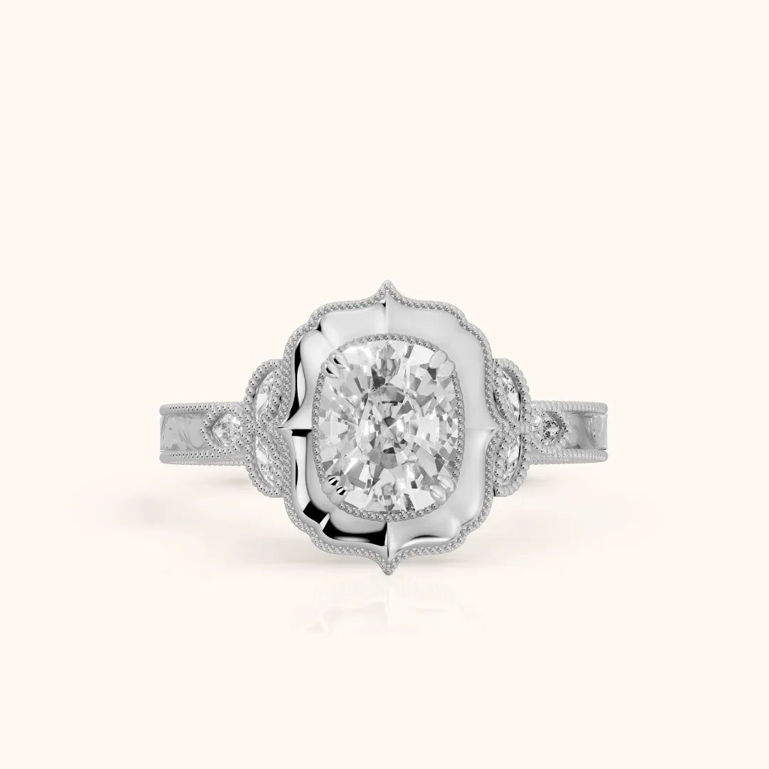 Shasta Vintage Scalloped Cushion Diamond Engagement Ring in White Gold — view 2