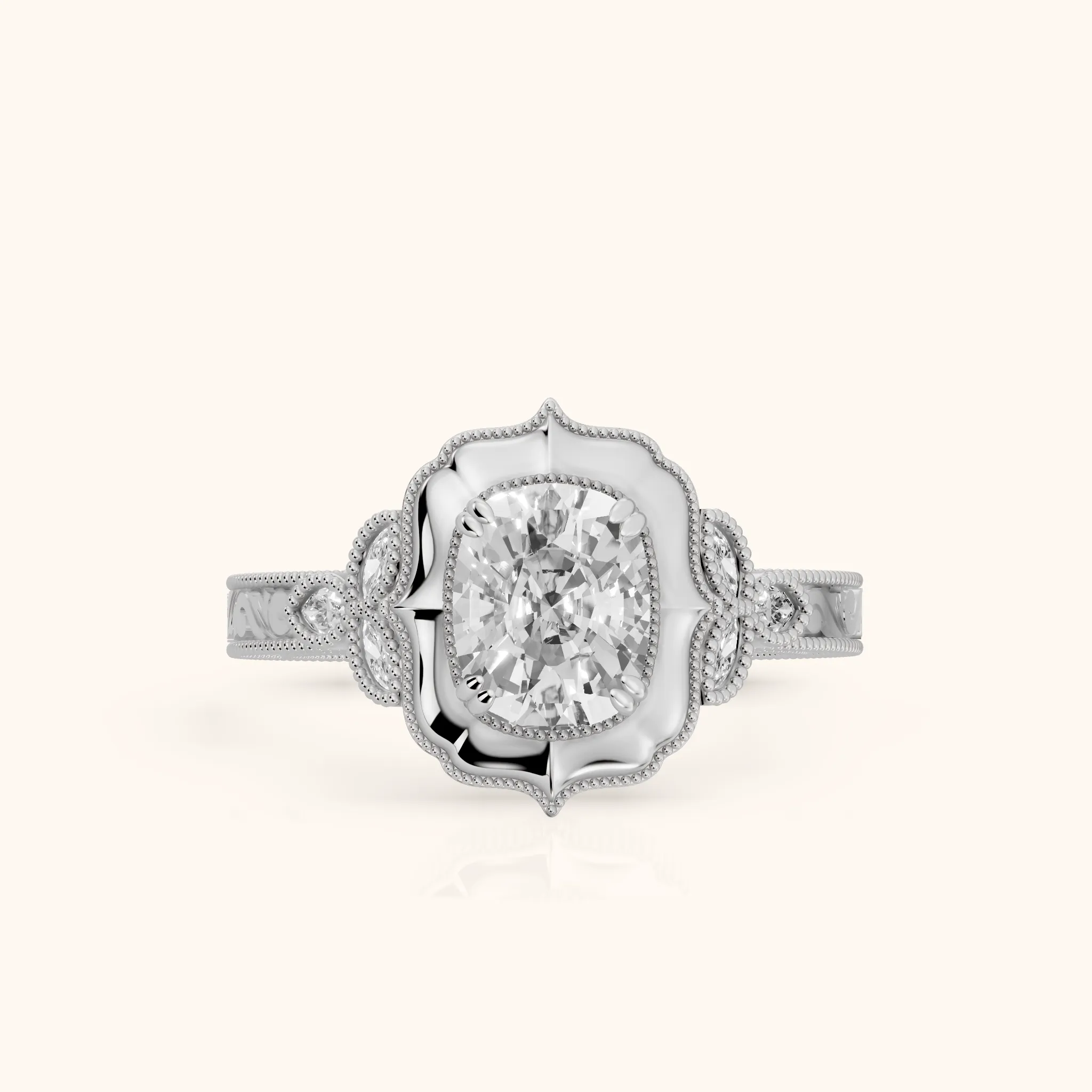 Shasta Vintage Scalloped Cushion Diamond Engagement Ring in White Gold — view 1