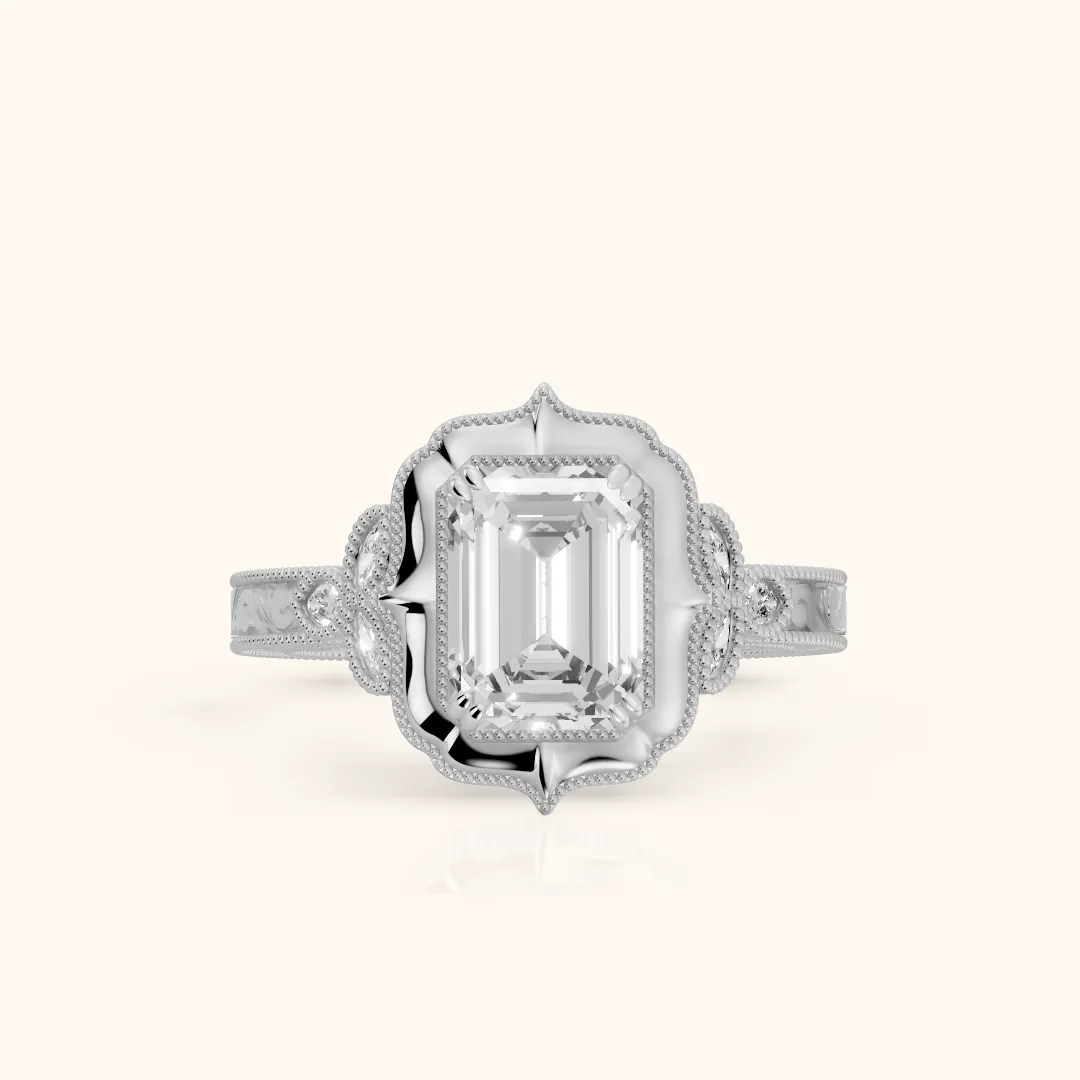 Shasta Vintage Scalloped Emerald Diamond Engagement Ring in Silver — view 2