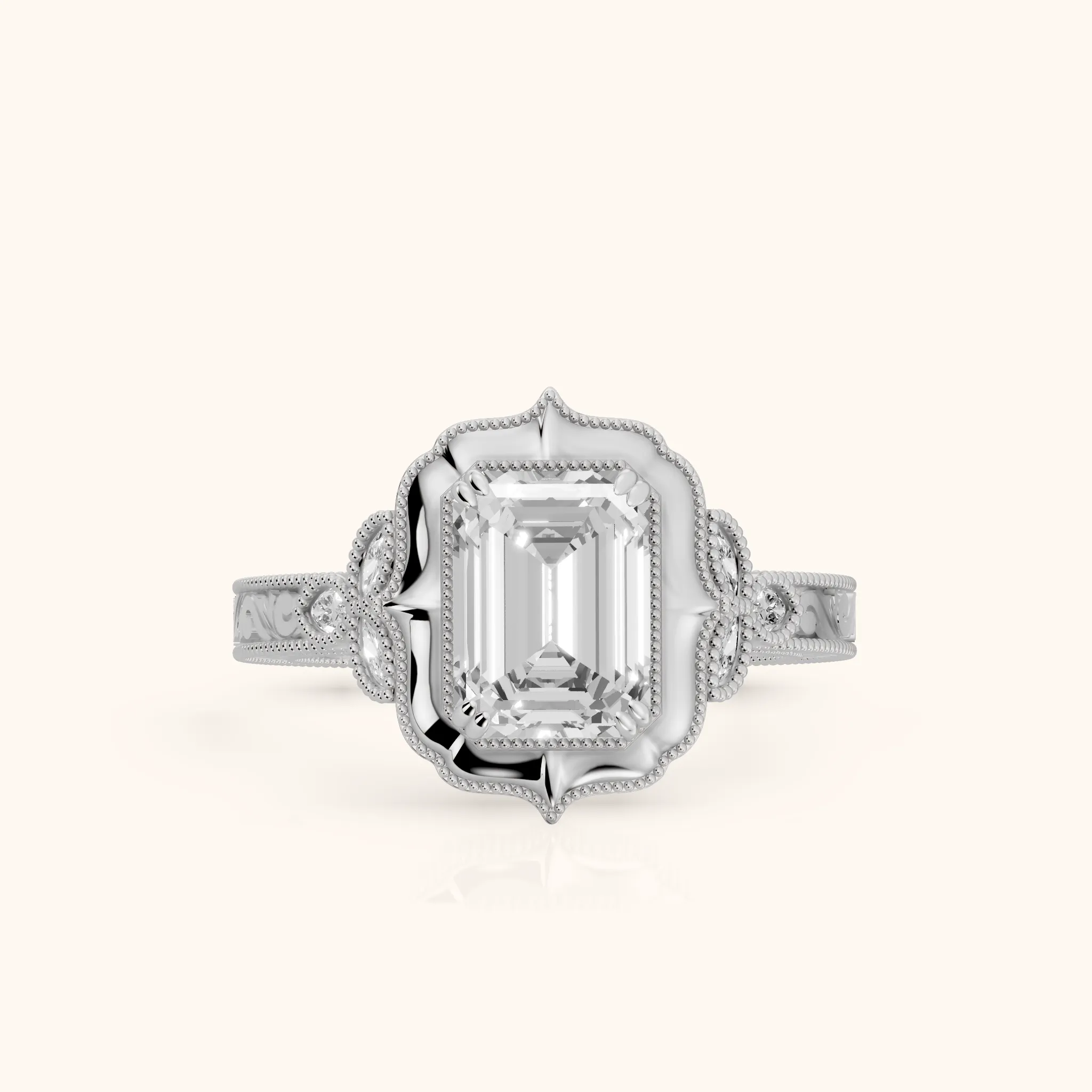 Shasta Vintage Scalloped Emerald Diamond Engagement Ring in Silver — view 1