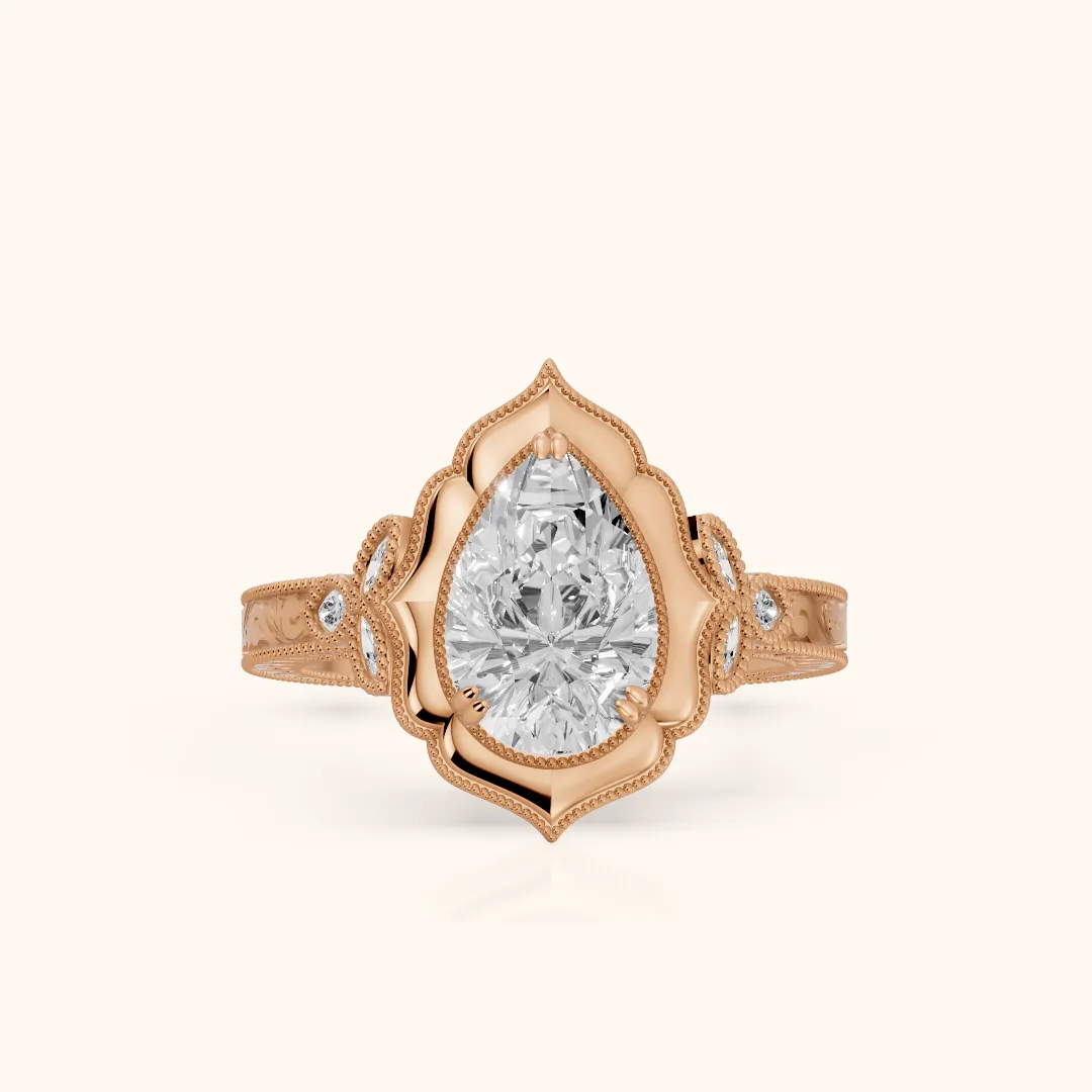 Shasta Vintage Scalloped Pear Diamond Engagement Ring in Rose Gold — view 2