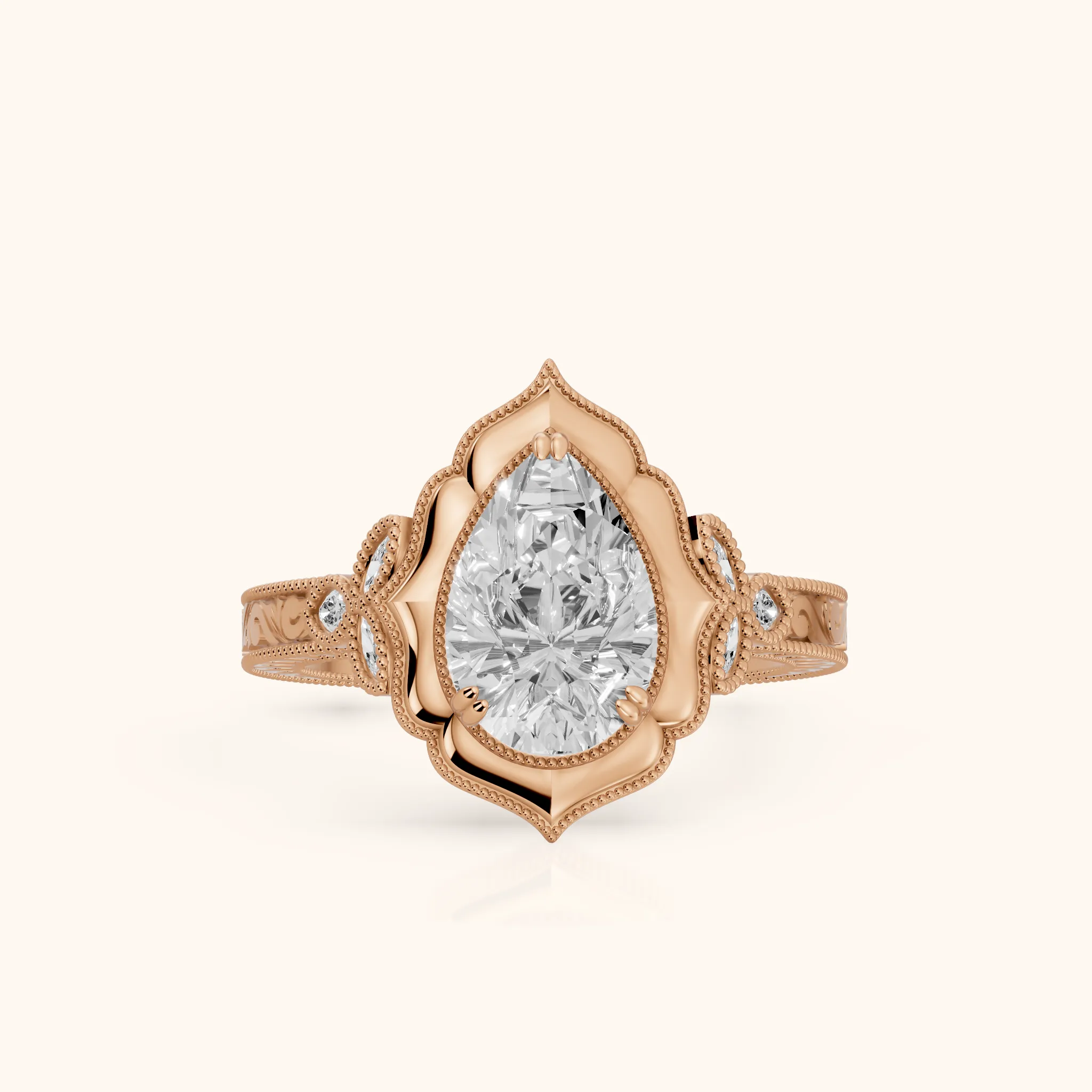 Shasta Vintage Scalloped Pear Diamond Engagement Ring in Rose Gold — view 1