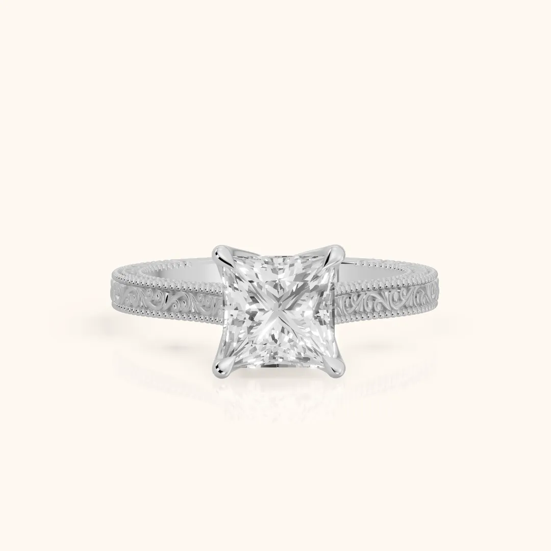 Sierra Hidden Halo Engraved Princess Diamond Engagement Ring in White Gold — view 2