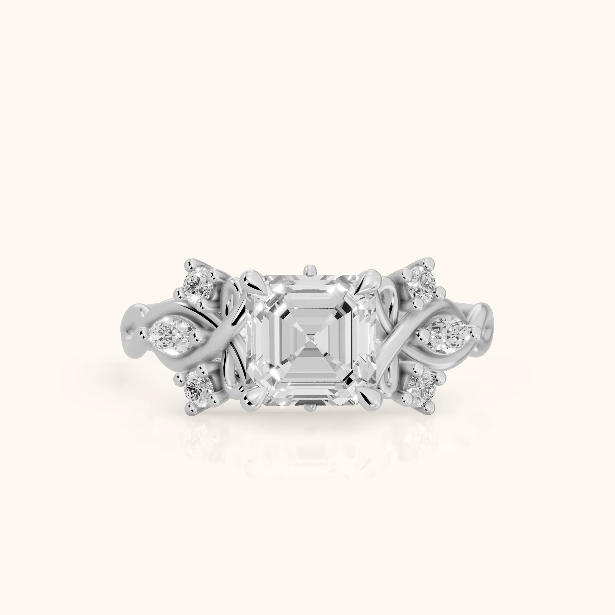 Auburn Vine Cluster Asscher Diamond Engagement Ring in Platinum — view 1