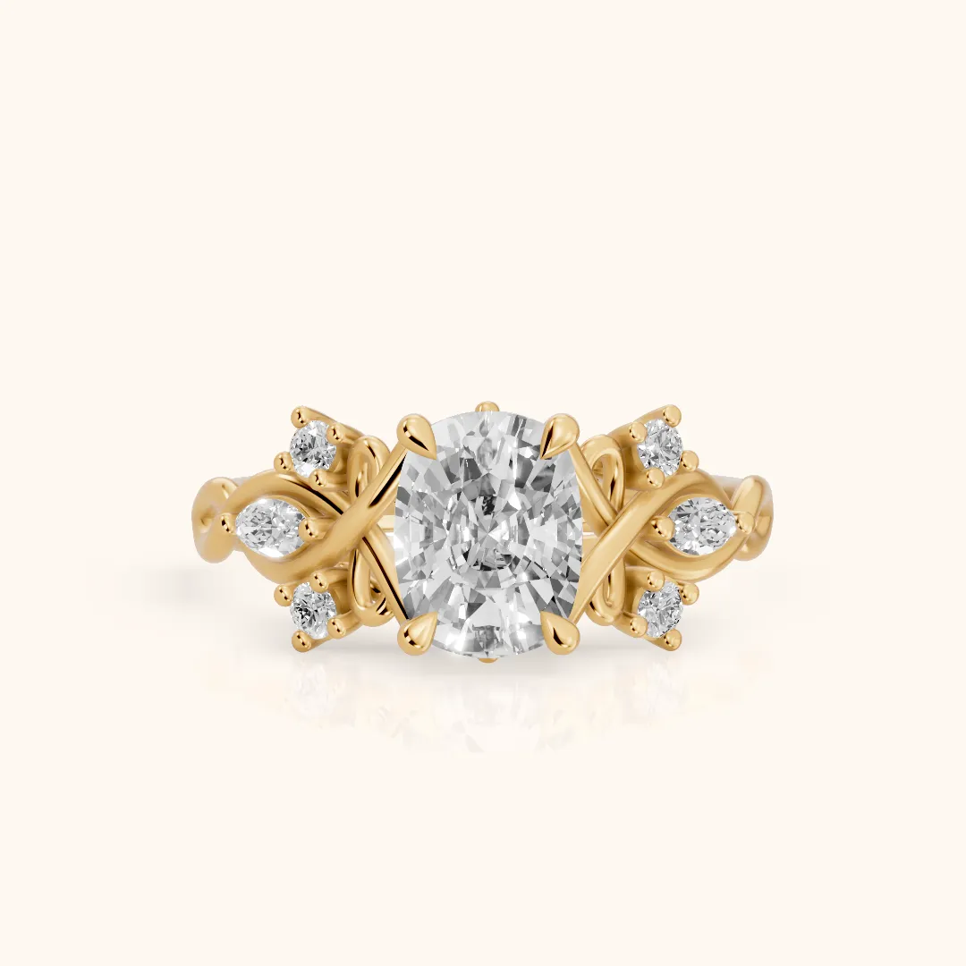 Auburn Vine Cluster Cushion Diamond Engagement Ring in Yellow Gold — view 2