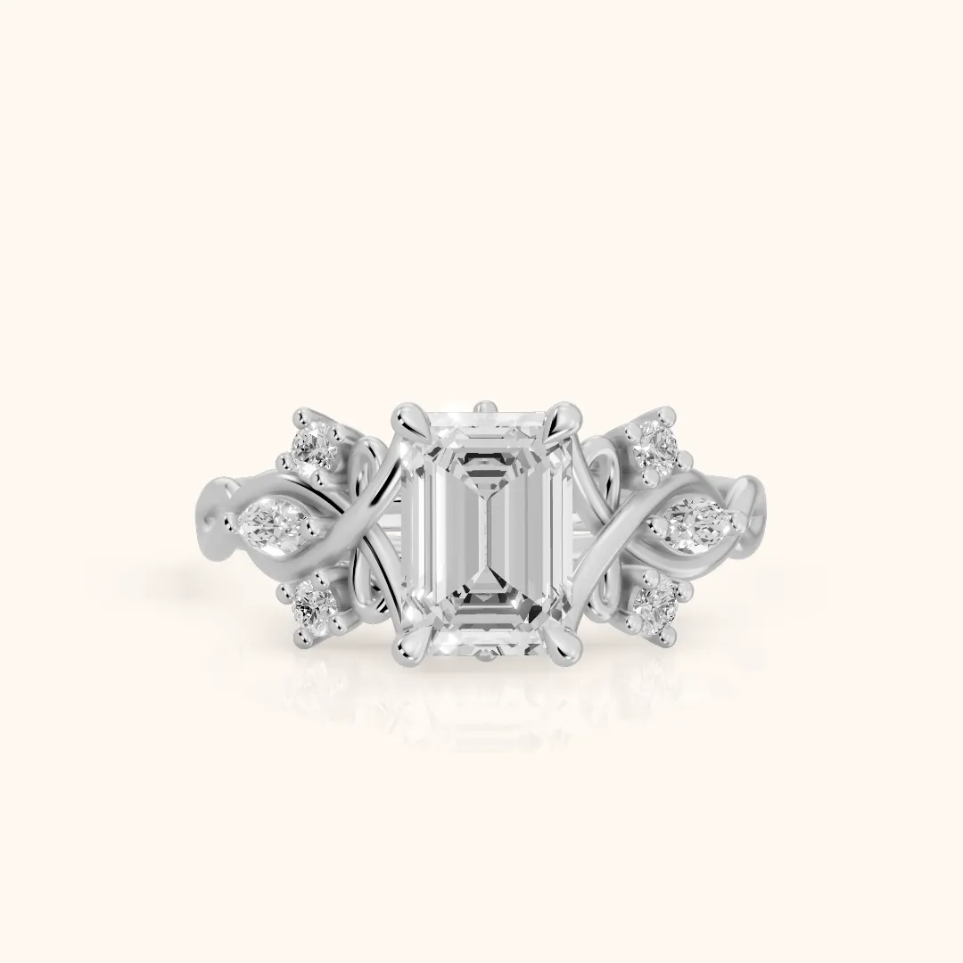 Auburn Vine Cluster Emerald Diamond Engagement Ring in Silver — view 2
