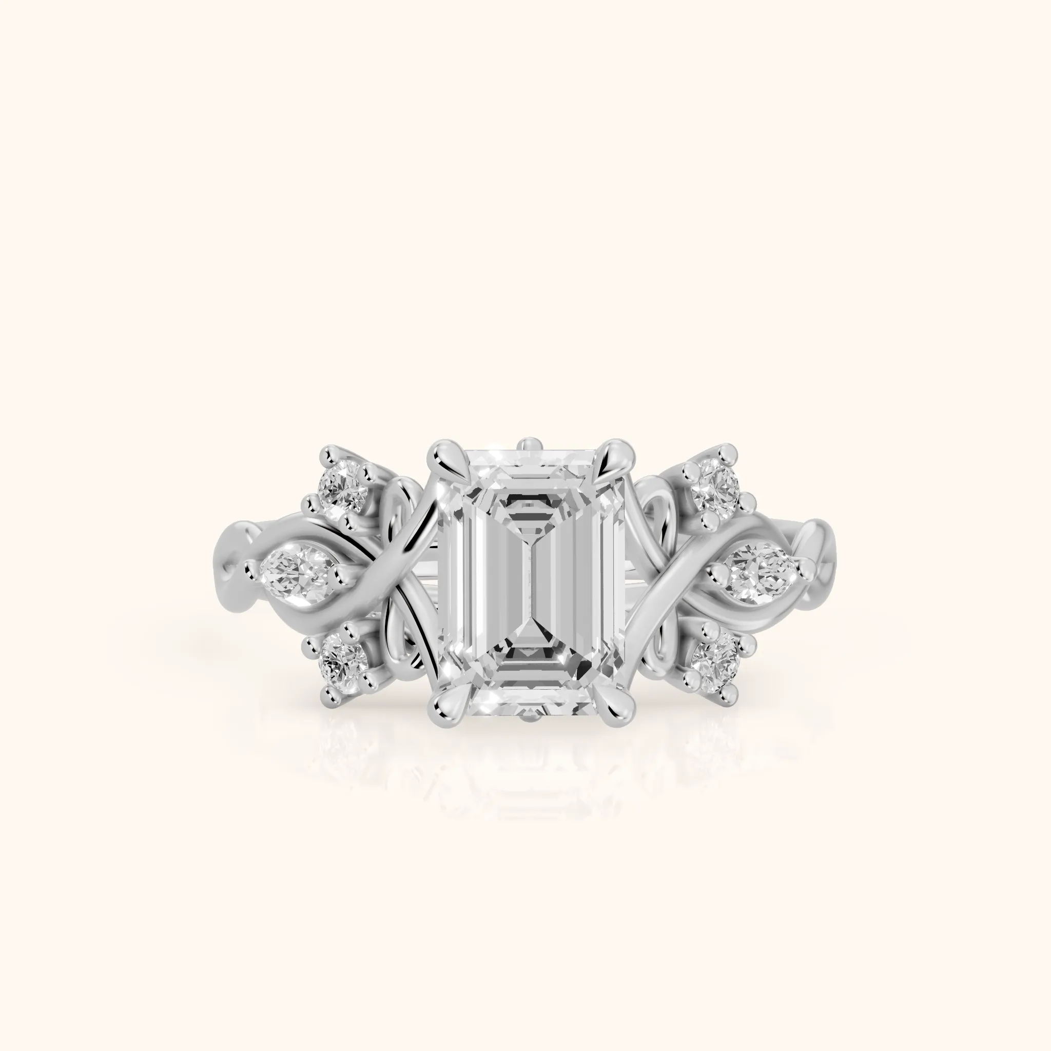 Auburn Vine Cluster Emerald Diamond Engagement Ring in Silver — view 1