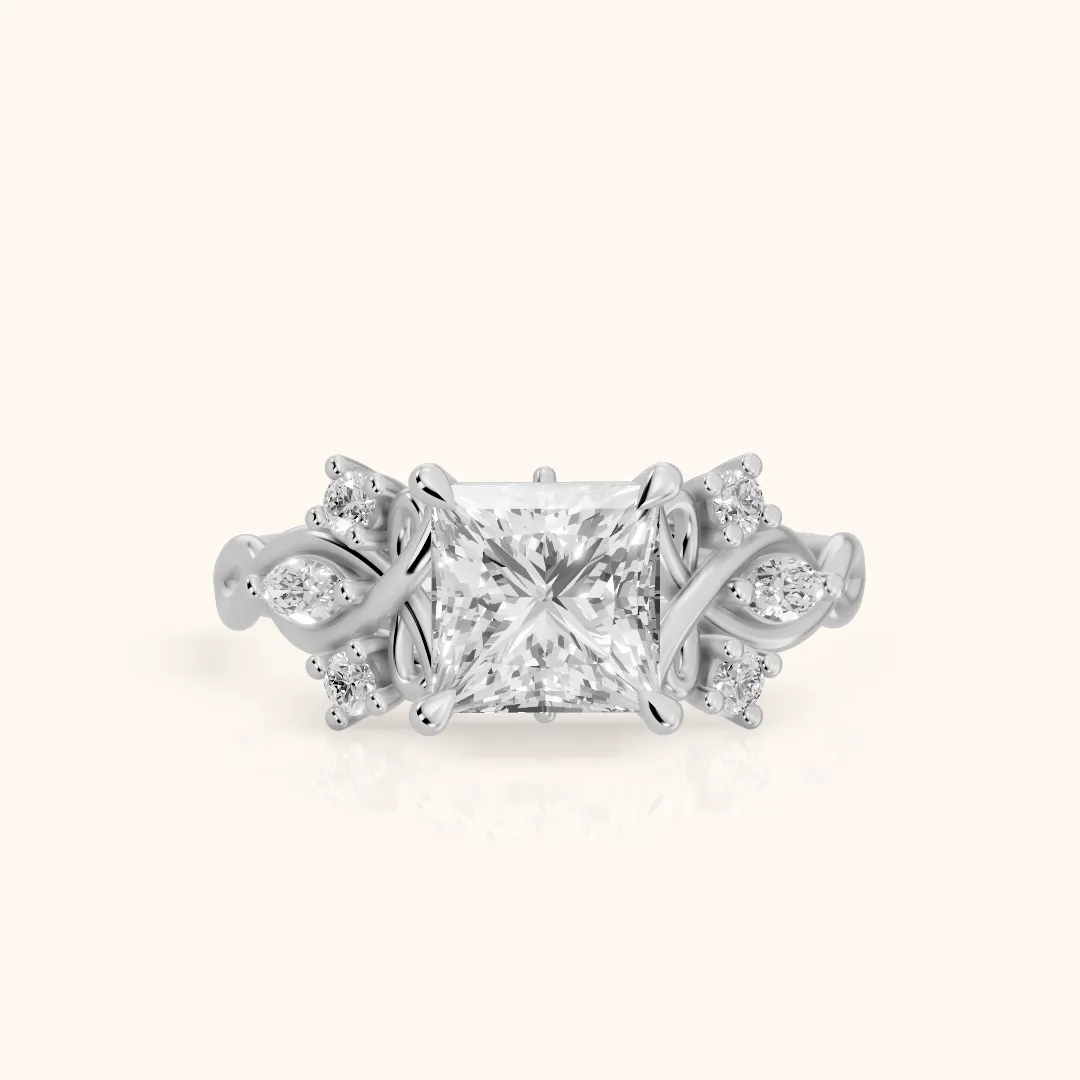 Auburn Vine Cluster Princess Diamond Engagement Ring in Silver — view 2
