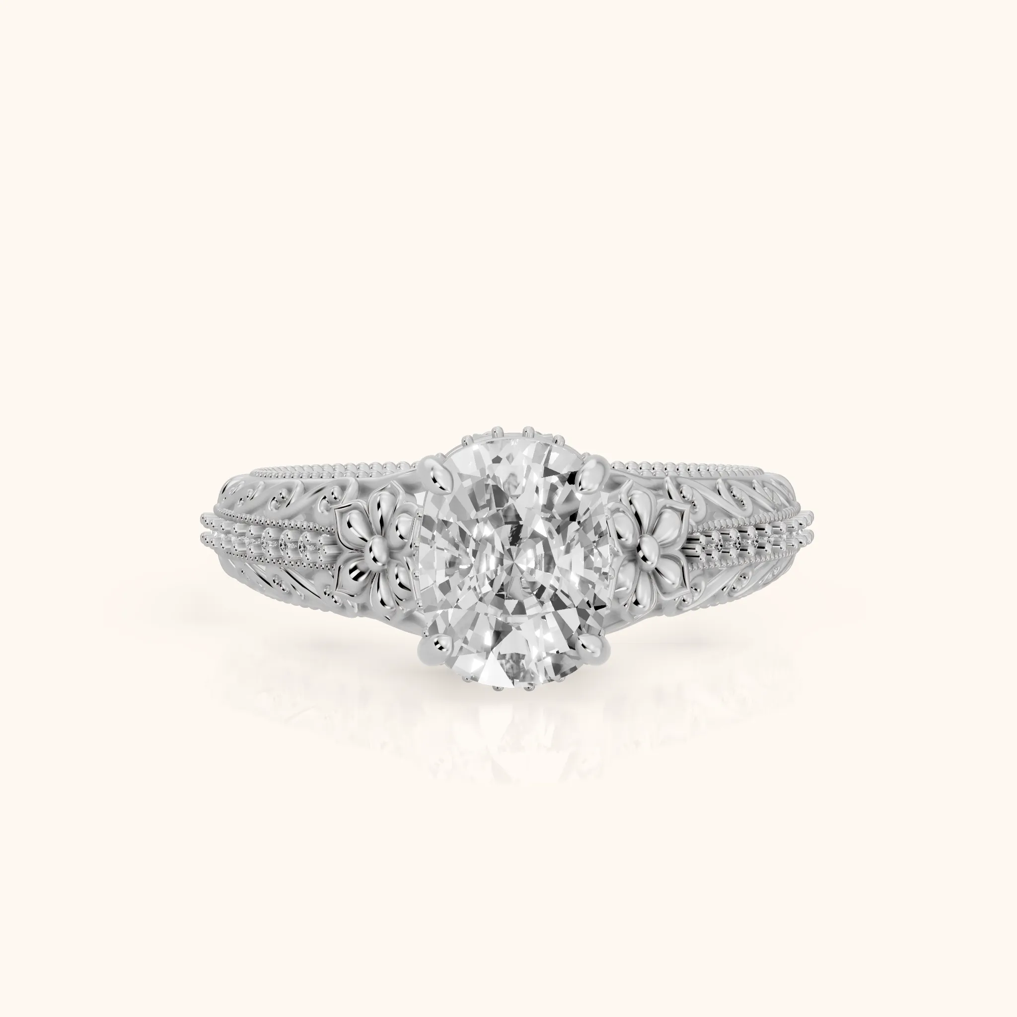 Mystic Hidden Halo Floral Cushion Diamond Engagement Ring in Platinum — view 1