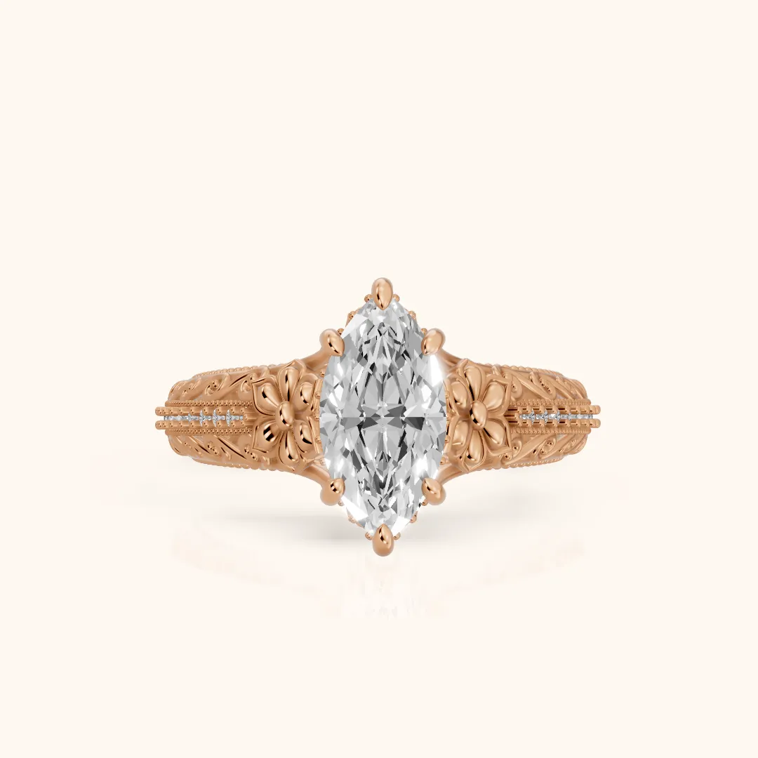 Mystic Hidden Halo Floral Marquise Diamond Engagement Ring in Rose Gold — view 2