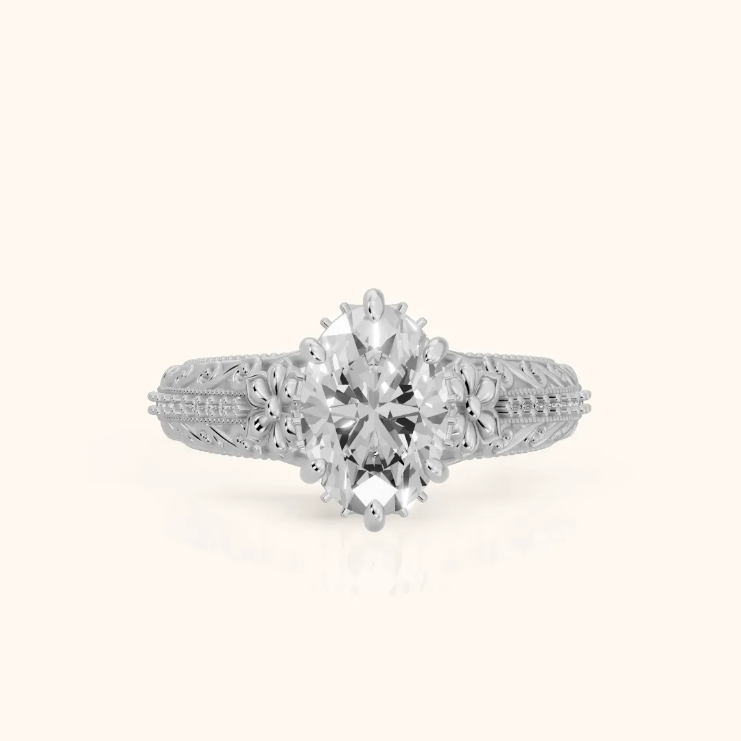 Mystic Hidden Halo Floral Oval Diamond Engagement Ring in Platinum — view 2