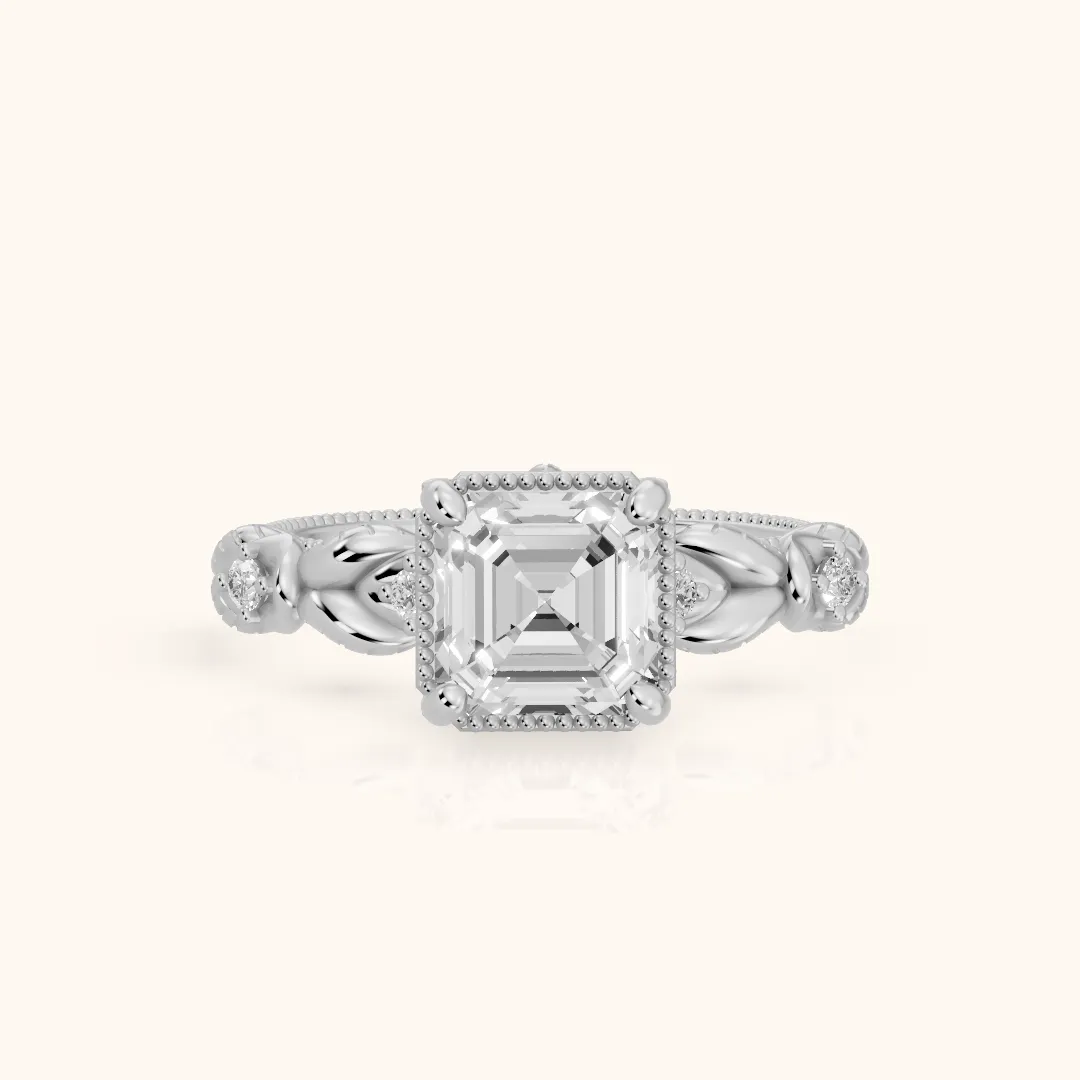 Pelham Vintage Leaf Asscher Diamond Engagement Ring in White Gold — view 2