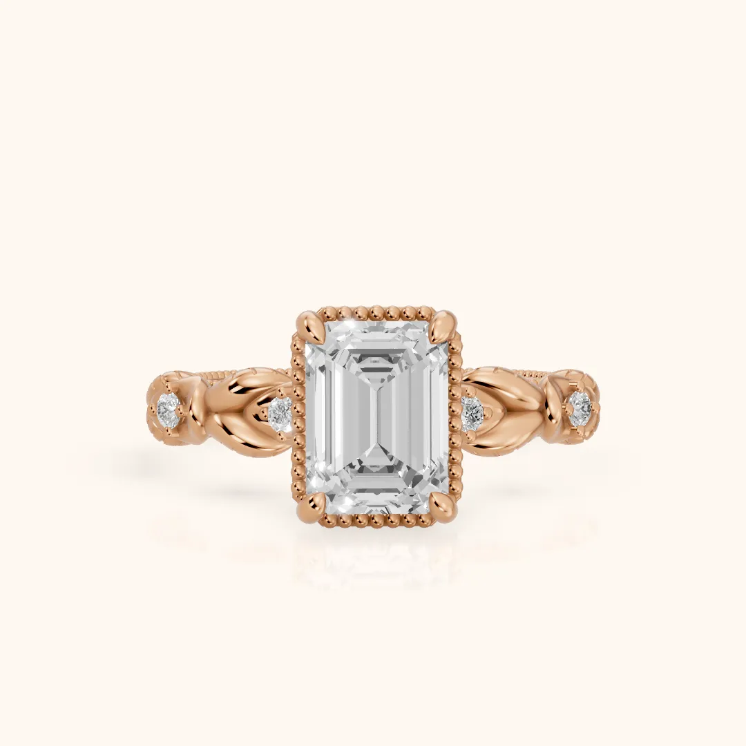 Pelham Vintage Leaf Emerald Diamond Engagement Ring in Rose Gold — view 2