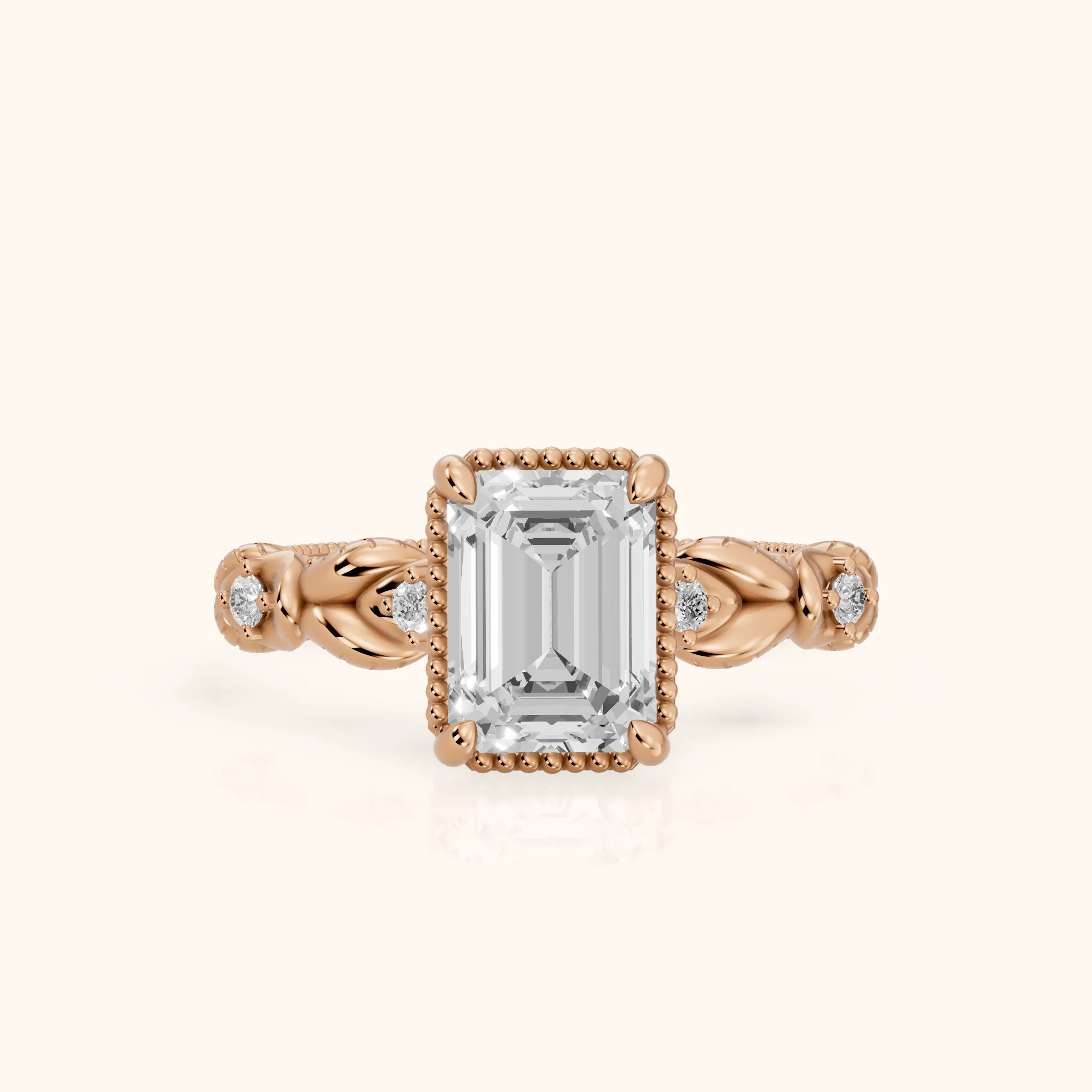Pelham Vintage Leaf Emerald Diamond Engagement Ring in Rose Gold — view 1