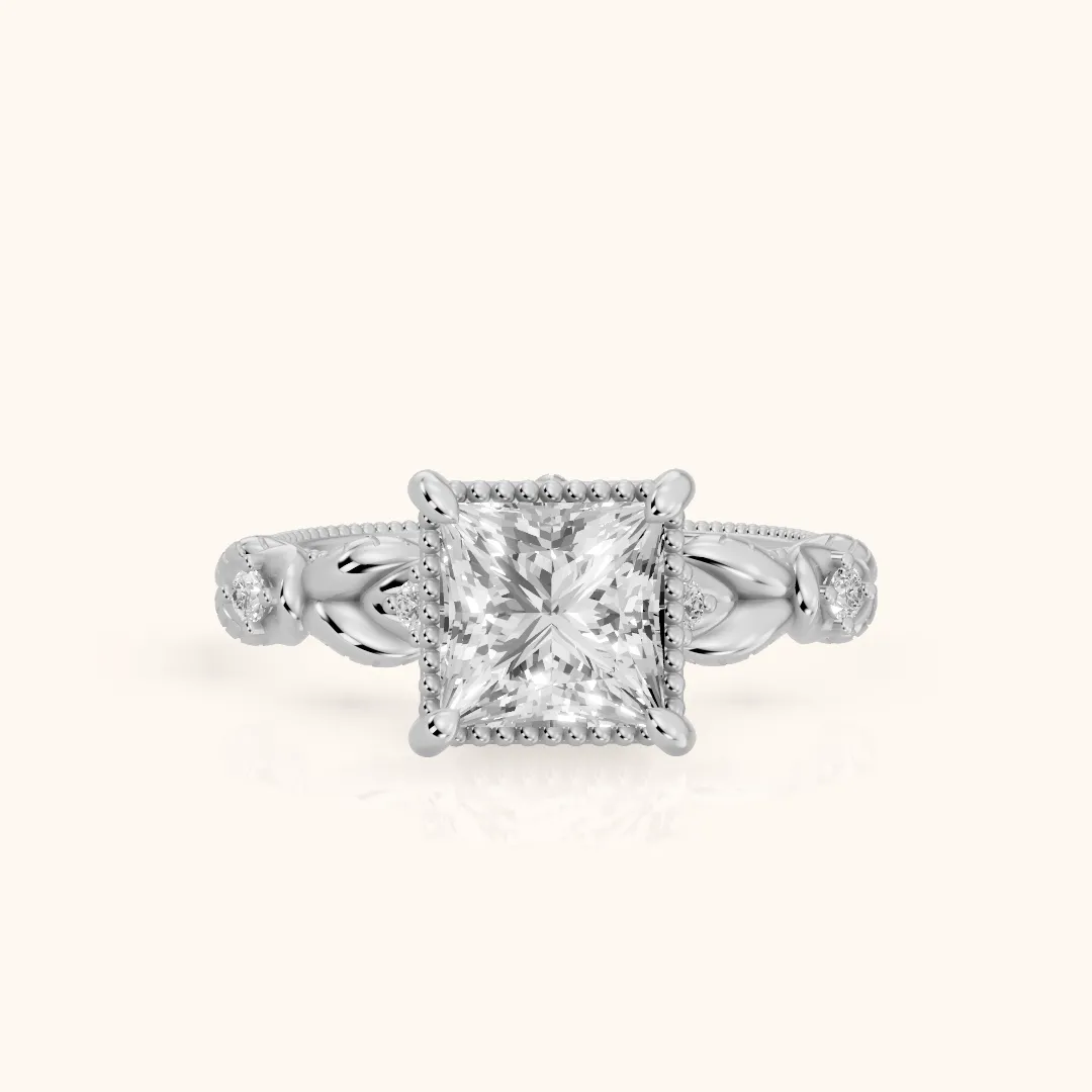 Pelham Vintage Leaf Princess Diamond Engagement Ring in Silver — view 2