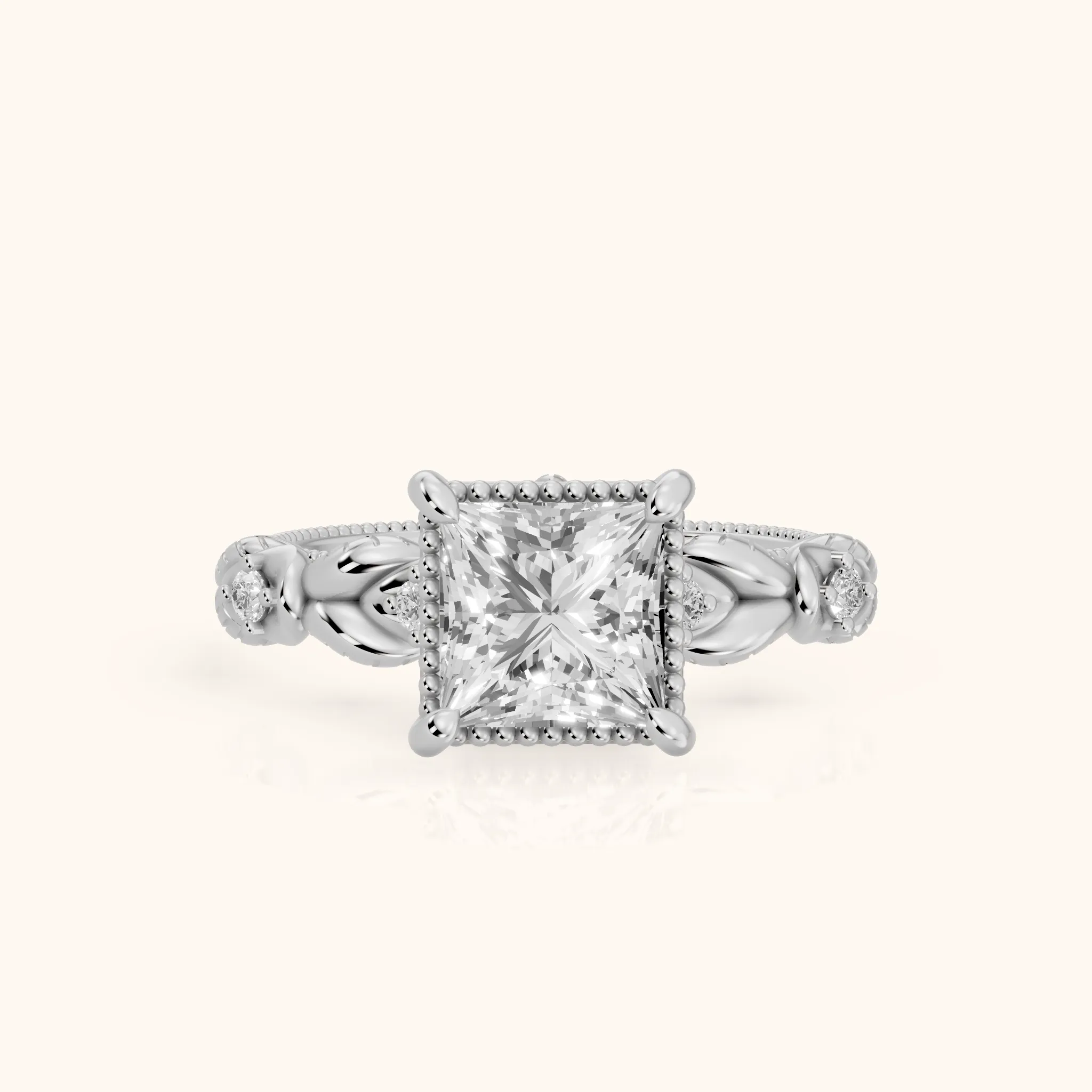 Pelham Vintage Leaf Princess Diamond Engagement Ring in Silver — view 1