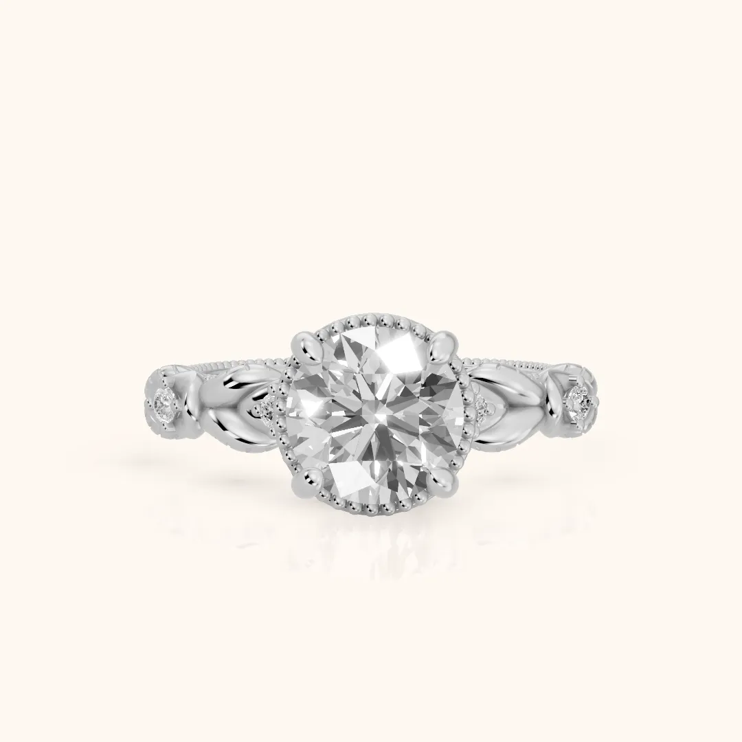 Pelham Vintage Leaf Round Diamond Engagement Ring in Platinum — view 2
