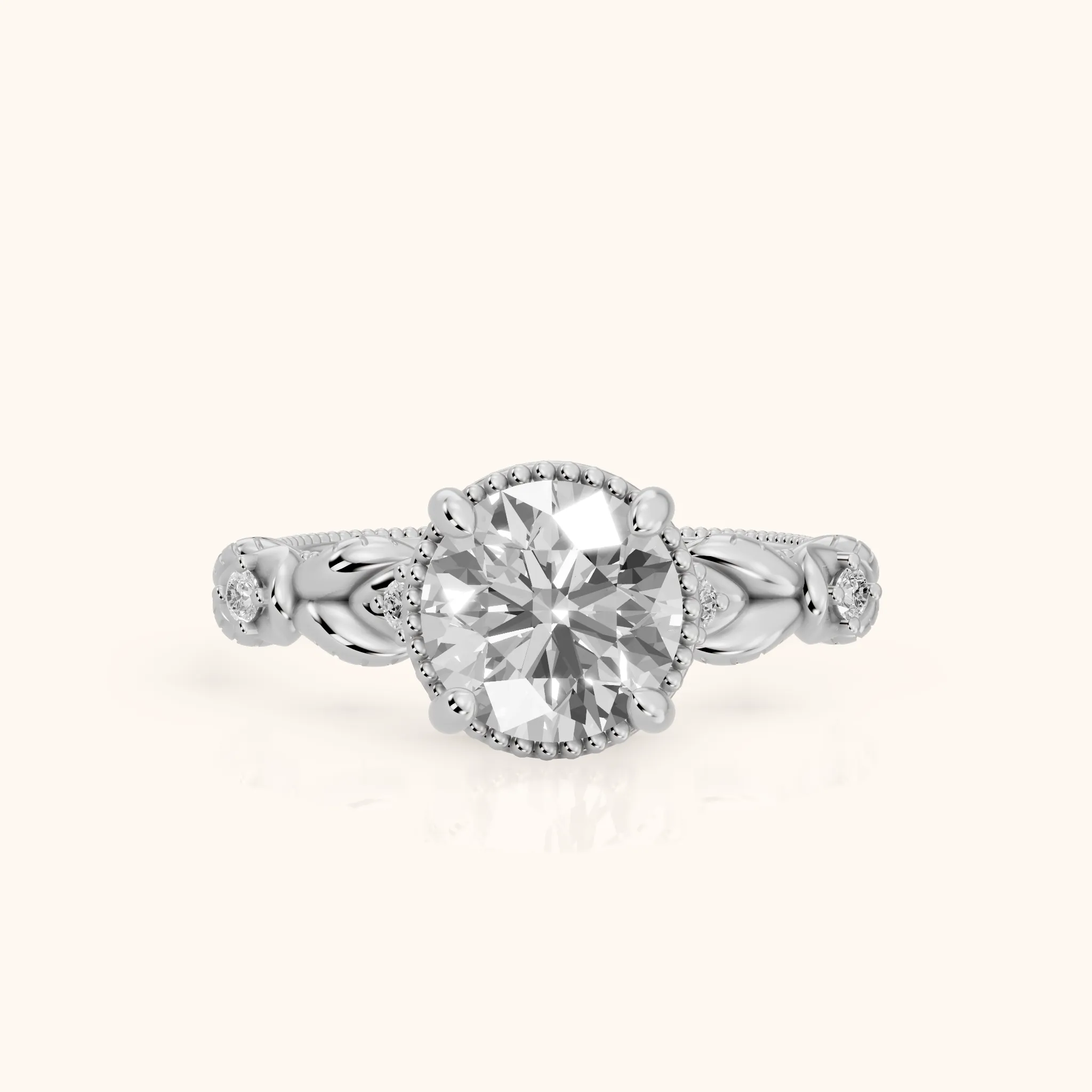 Pelham Vintage Leaf Round Diamond Engagement Ring in Platinum — view 1