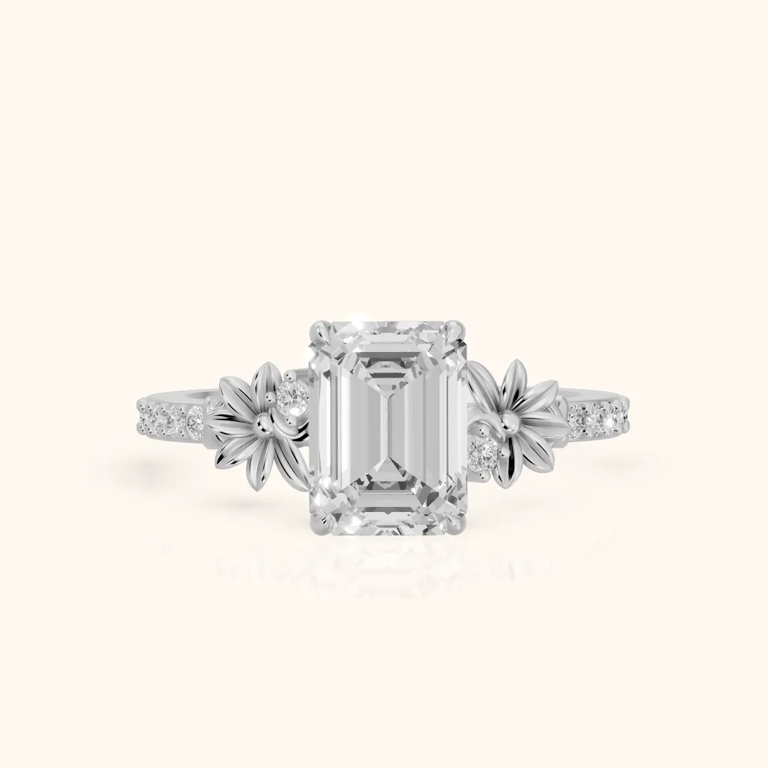 Leland Floral Pavé Emerald Diamond Engagement Ring in White Gold — view 2