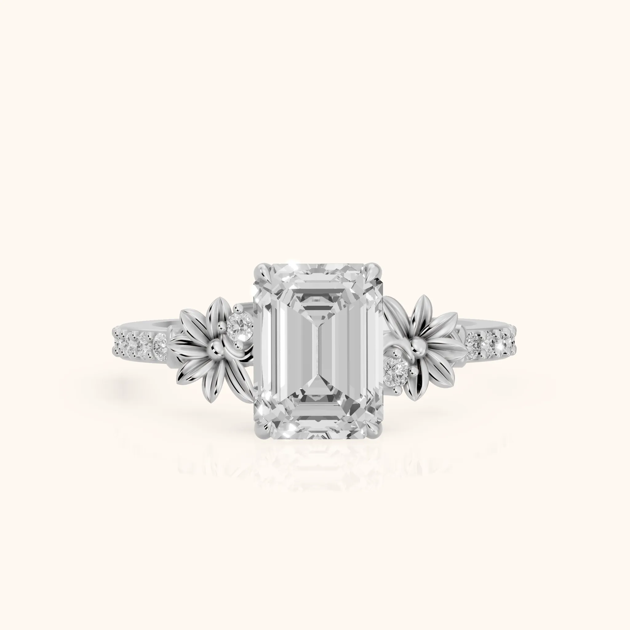 Leland Floral Pavé Emerald Diamond Engagement Ring in White Gold — view 1