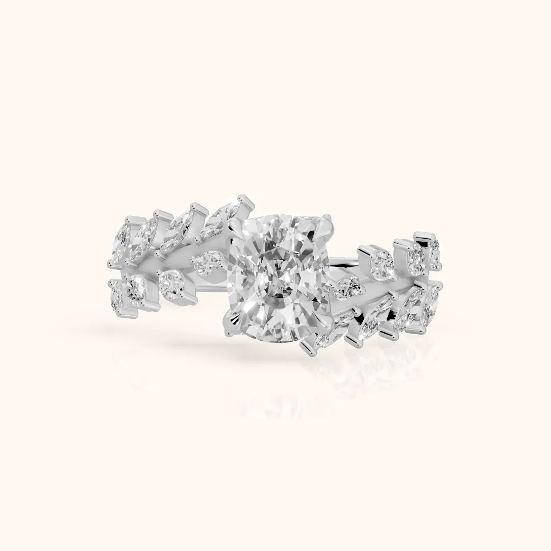 Beulah Leaf Garland Cushion Diamond Engagement Ring in Silver — view 2