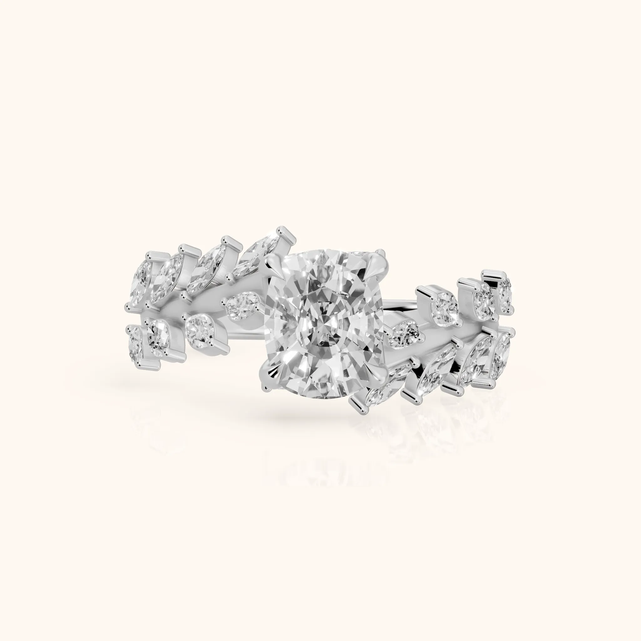 Beulah Leaf Garland Cushion Diamond Engagement Ring in Silver — view 1